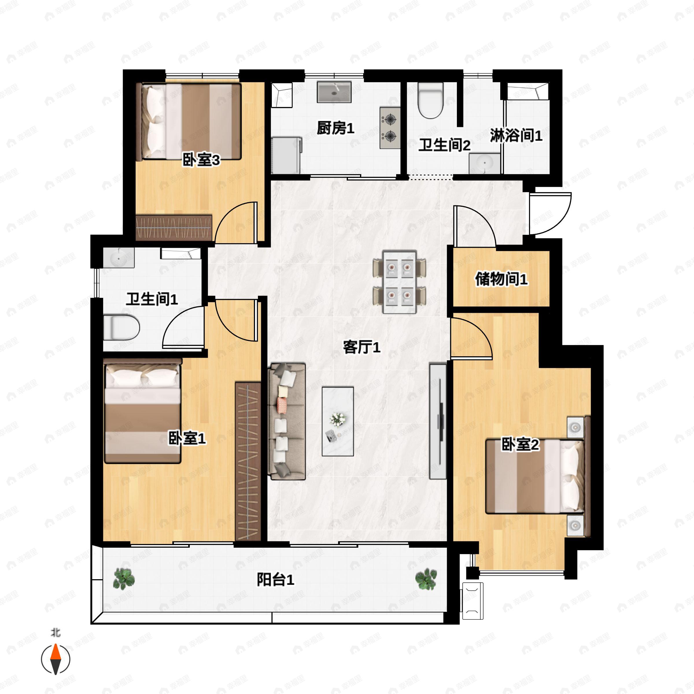 3室2厅2卫建面110平北|南户型图