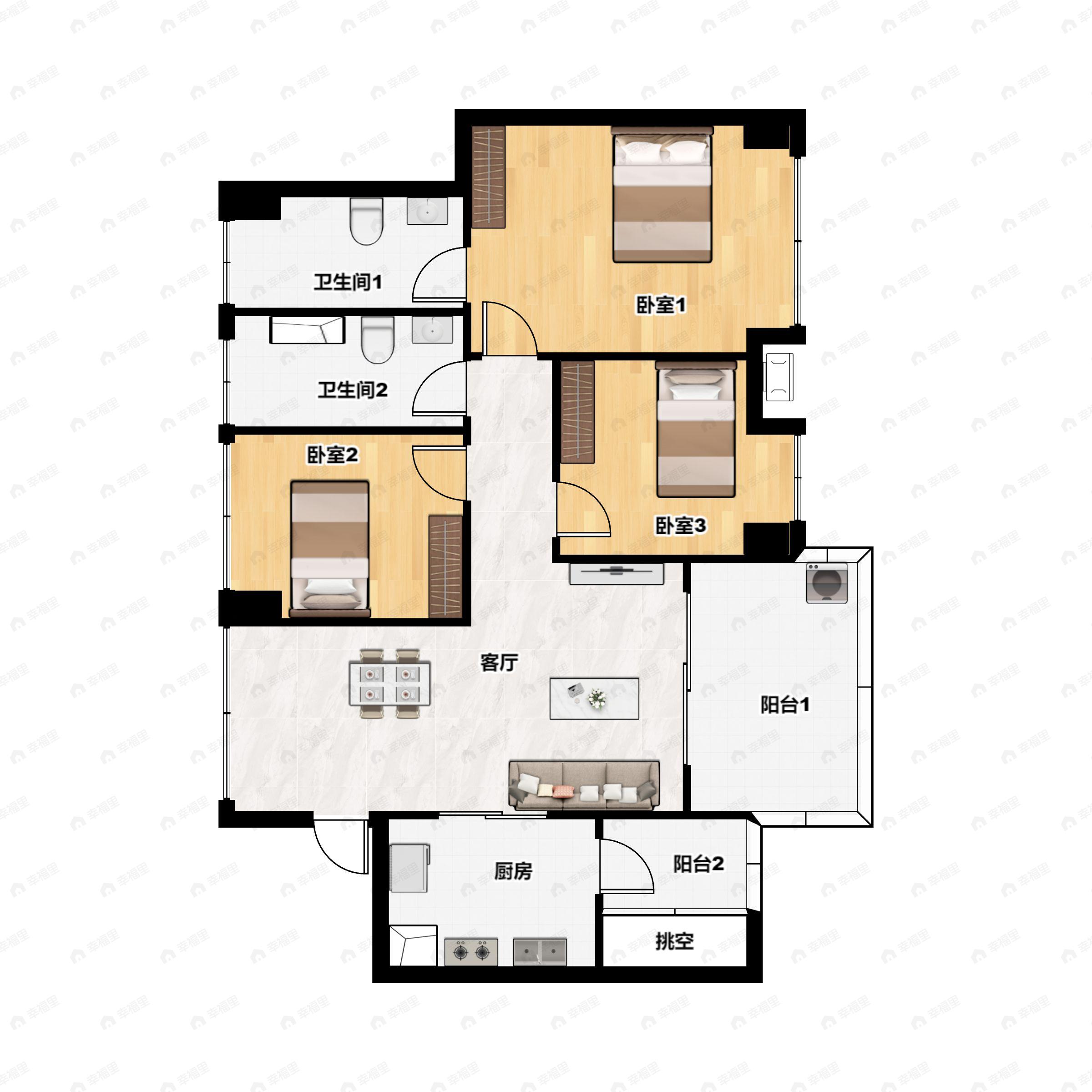 3室2厅2卫建面98平户型图