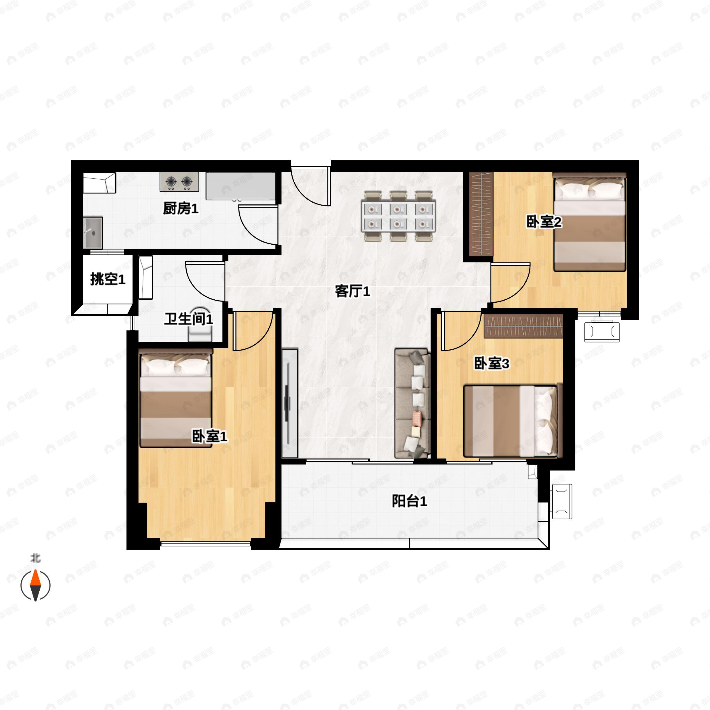3室2厅1卫建面104平户型图