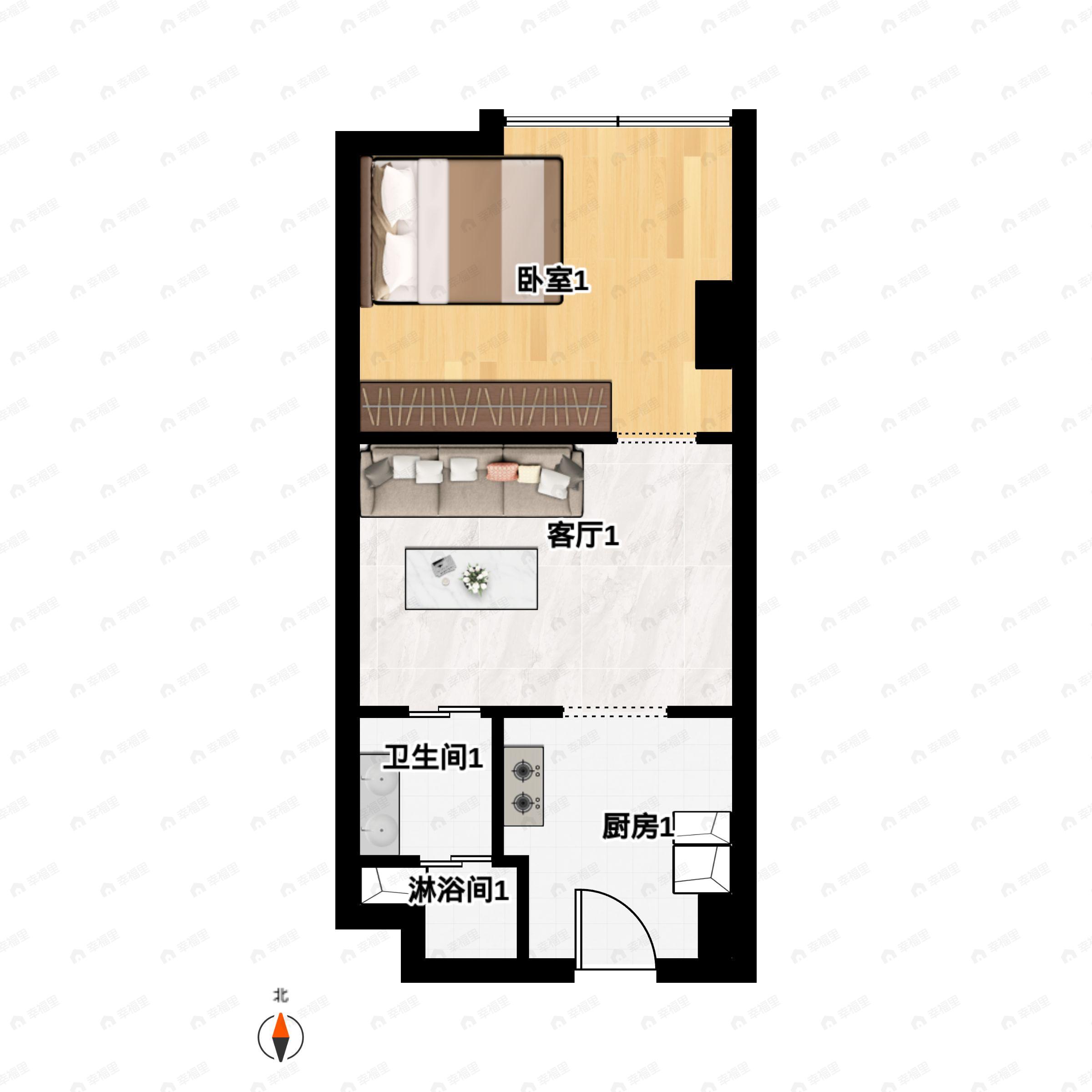 1室1厅1卫建面46m²北户型图