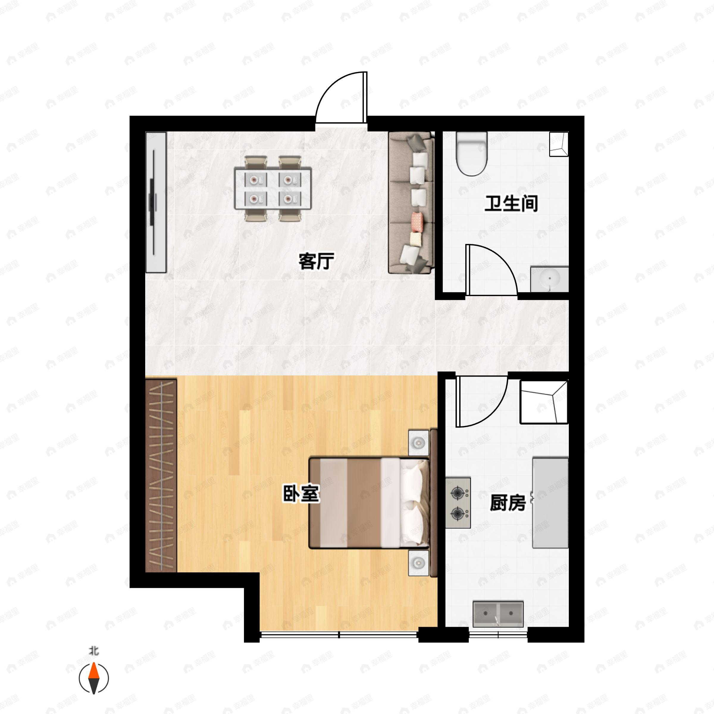 1室1厅1卫建面42m²南户型图