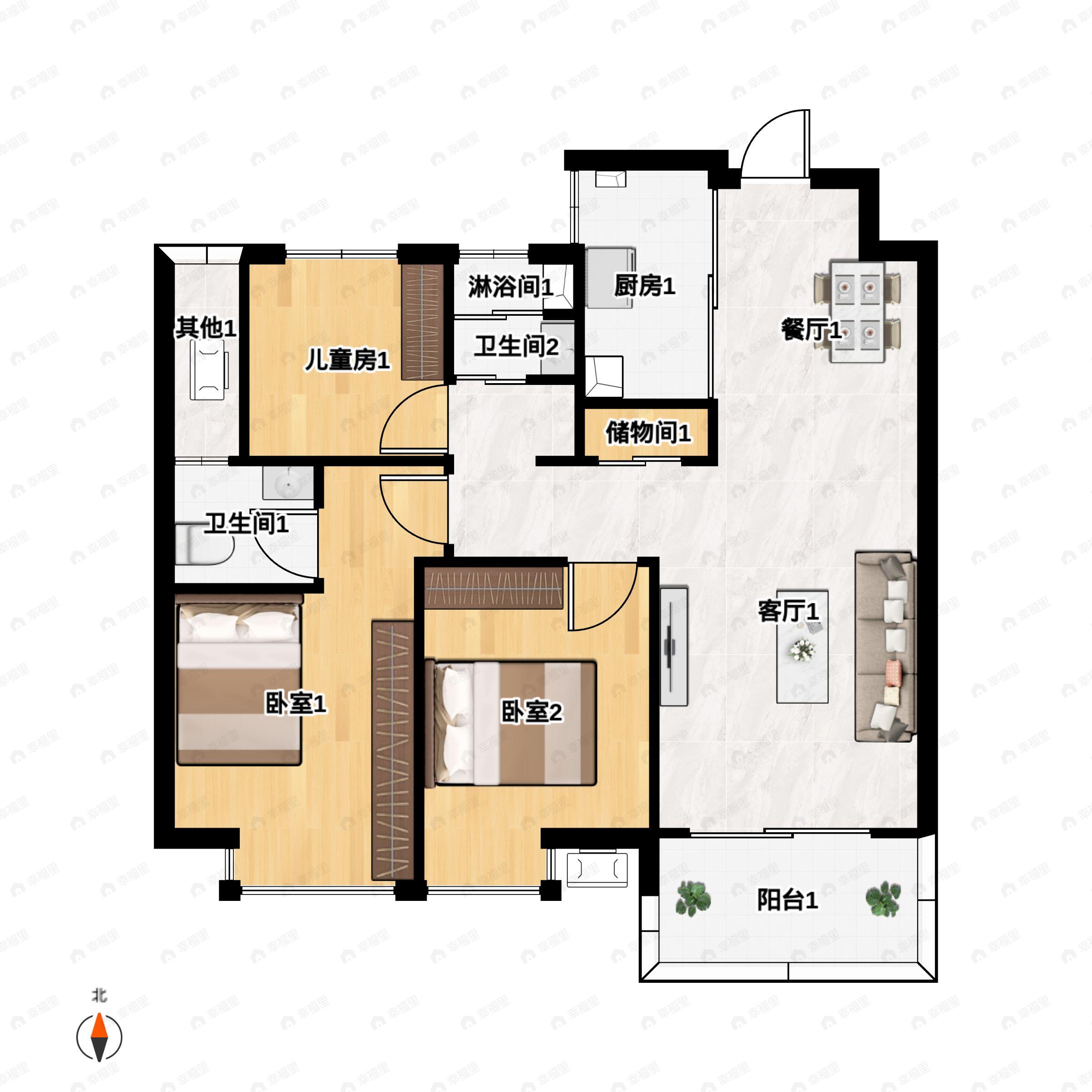 3室2厅2卫建面99平户型图