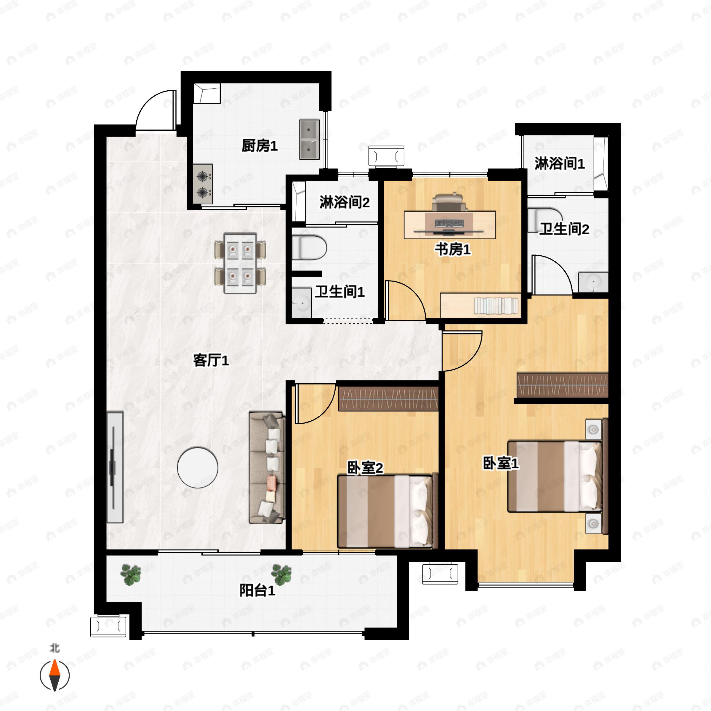 3室2厅2卫建面111平北|南户型图