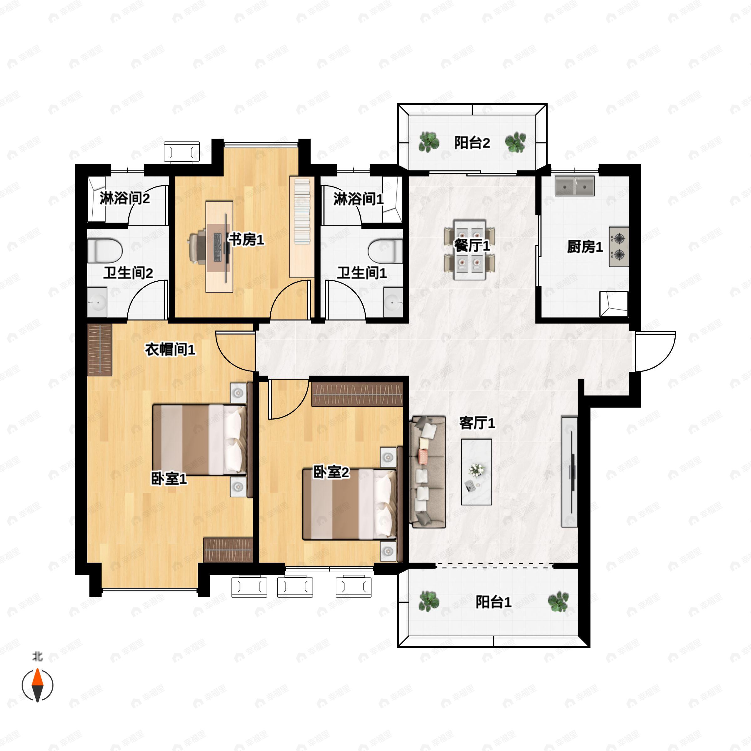 3室2厅2卫建面131m²南户型图