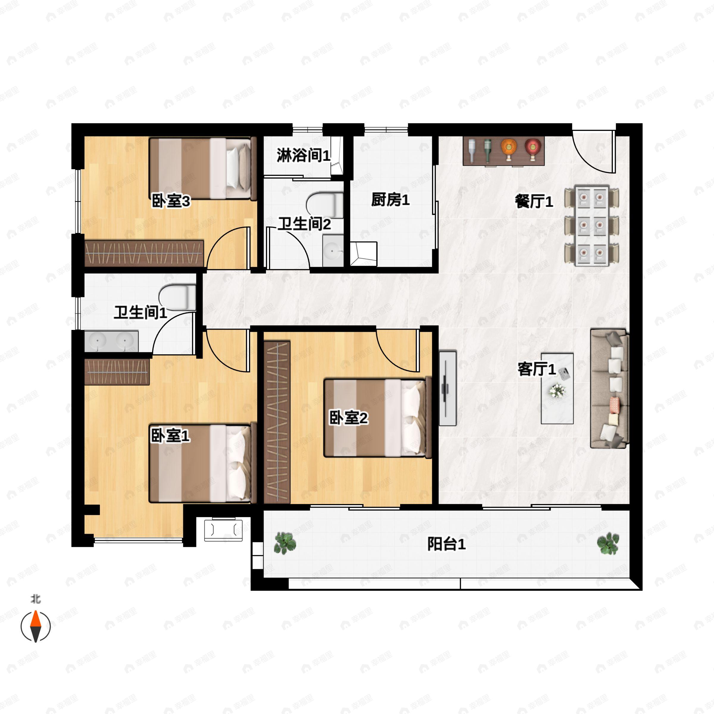 3室2厅2卫建面113m²南户型图