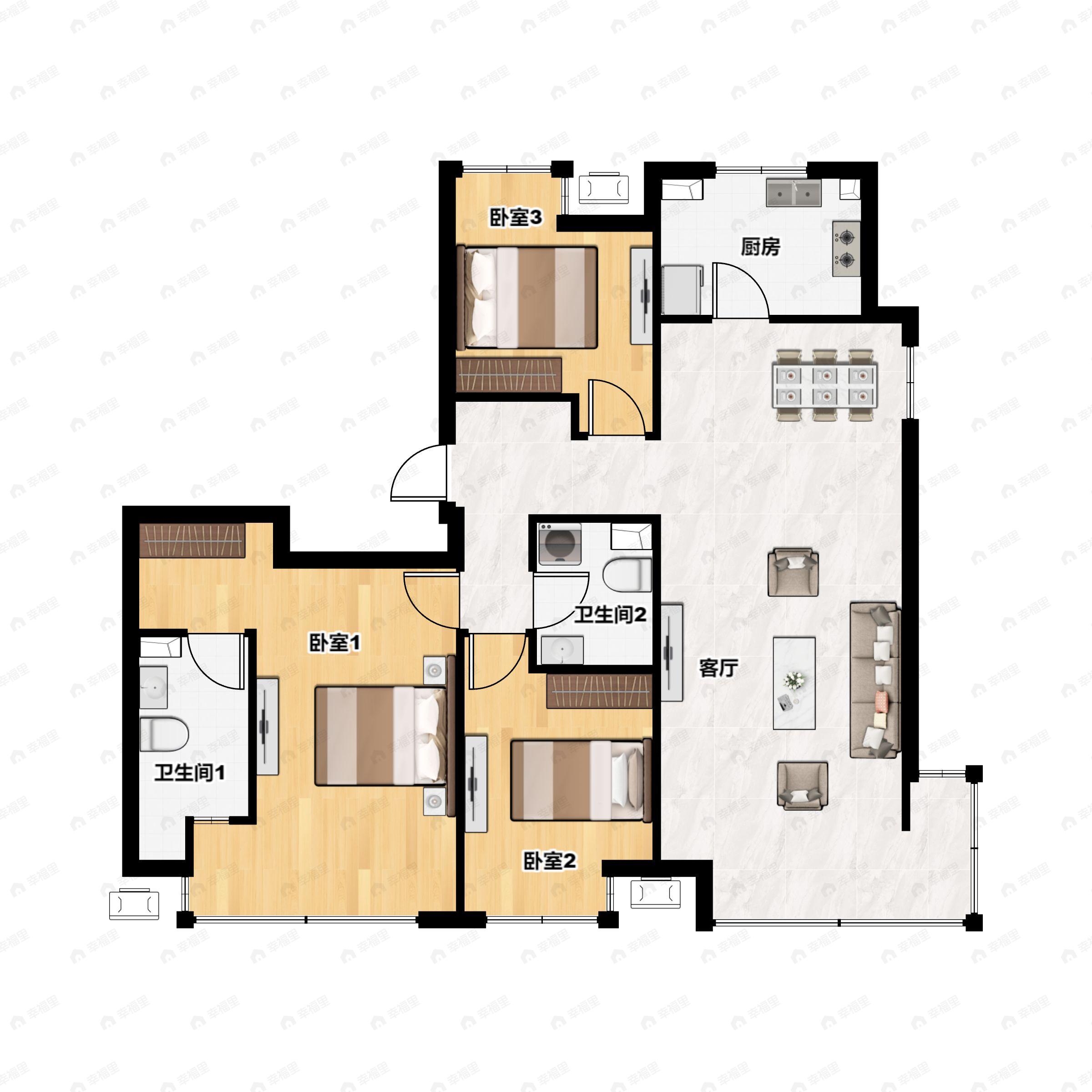 3室2厅2卫建面125平南|北户型图