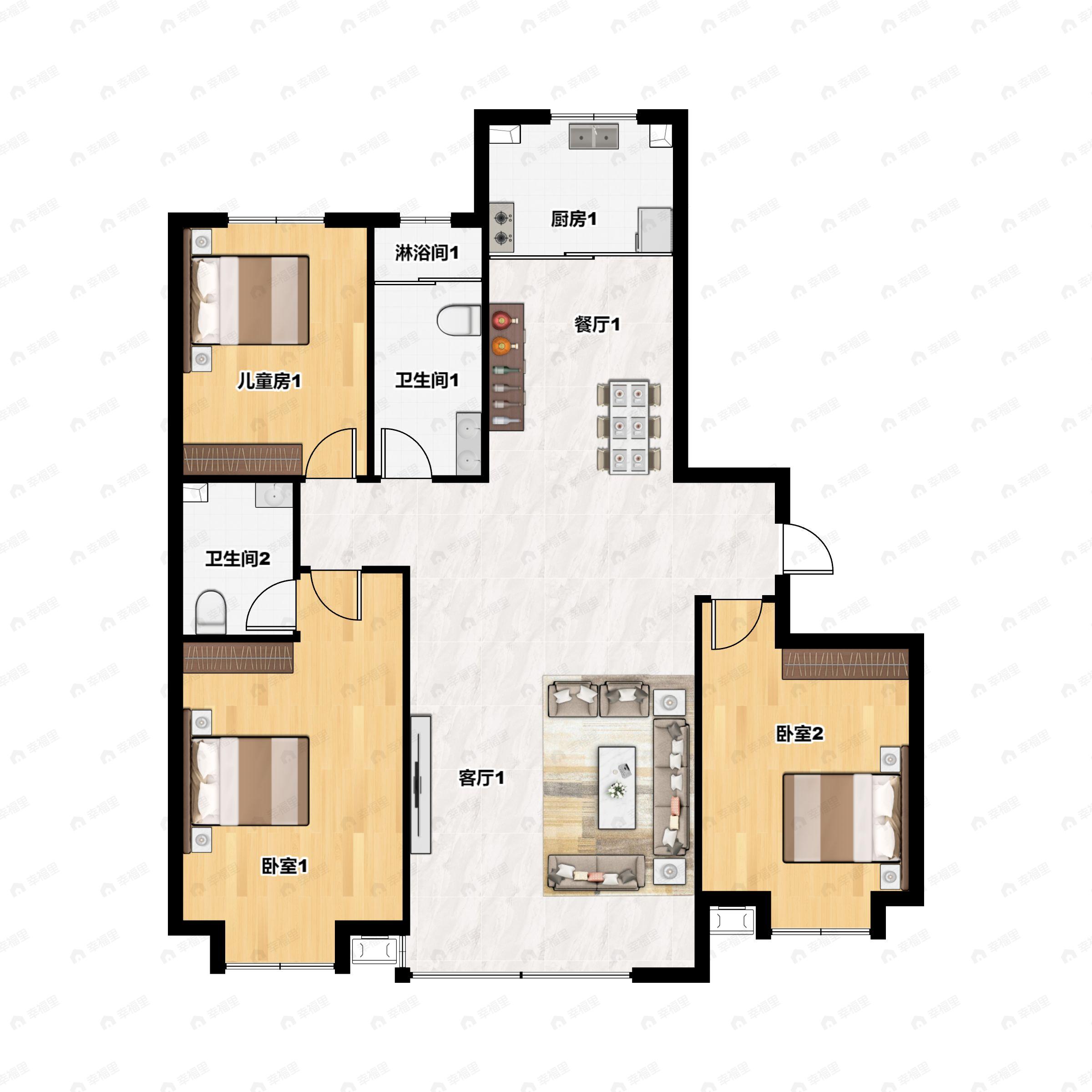3室2厅2卫建面136m²南户型图