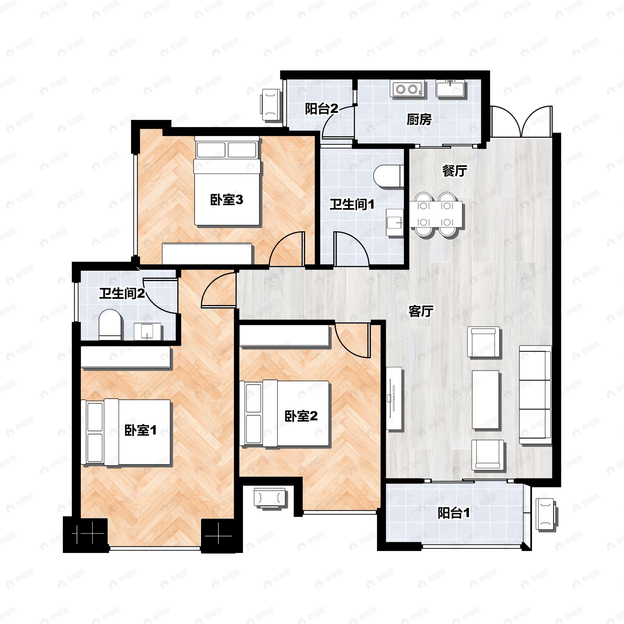 2室2厅2卫建面97平北户型图