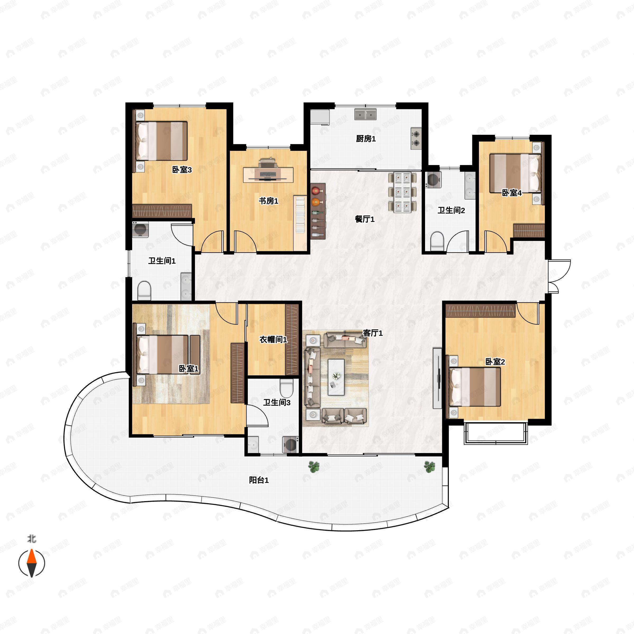 5室2厅3卫建面224平南户型图