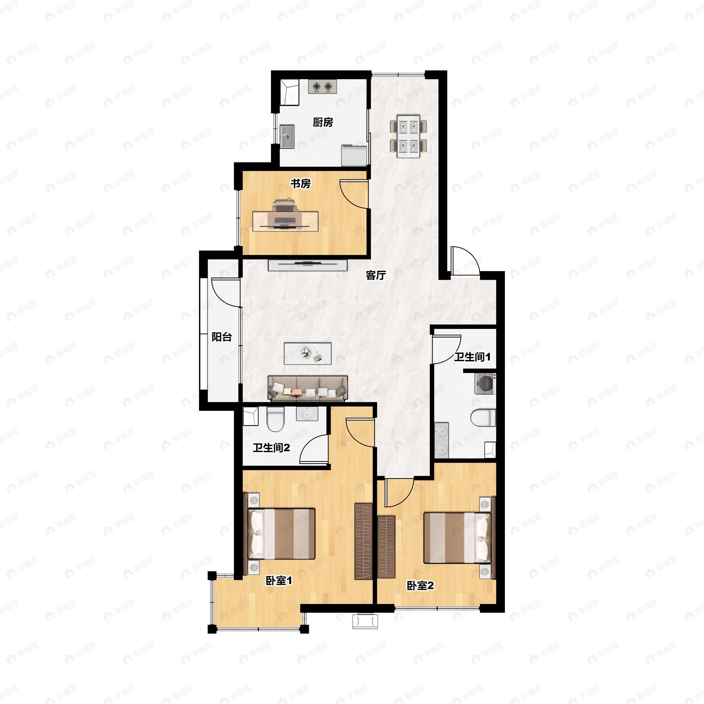 3室2厅2卫建面119平西|南|北户型图