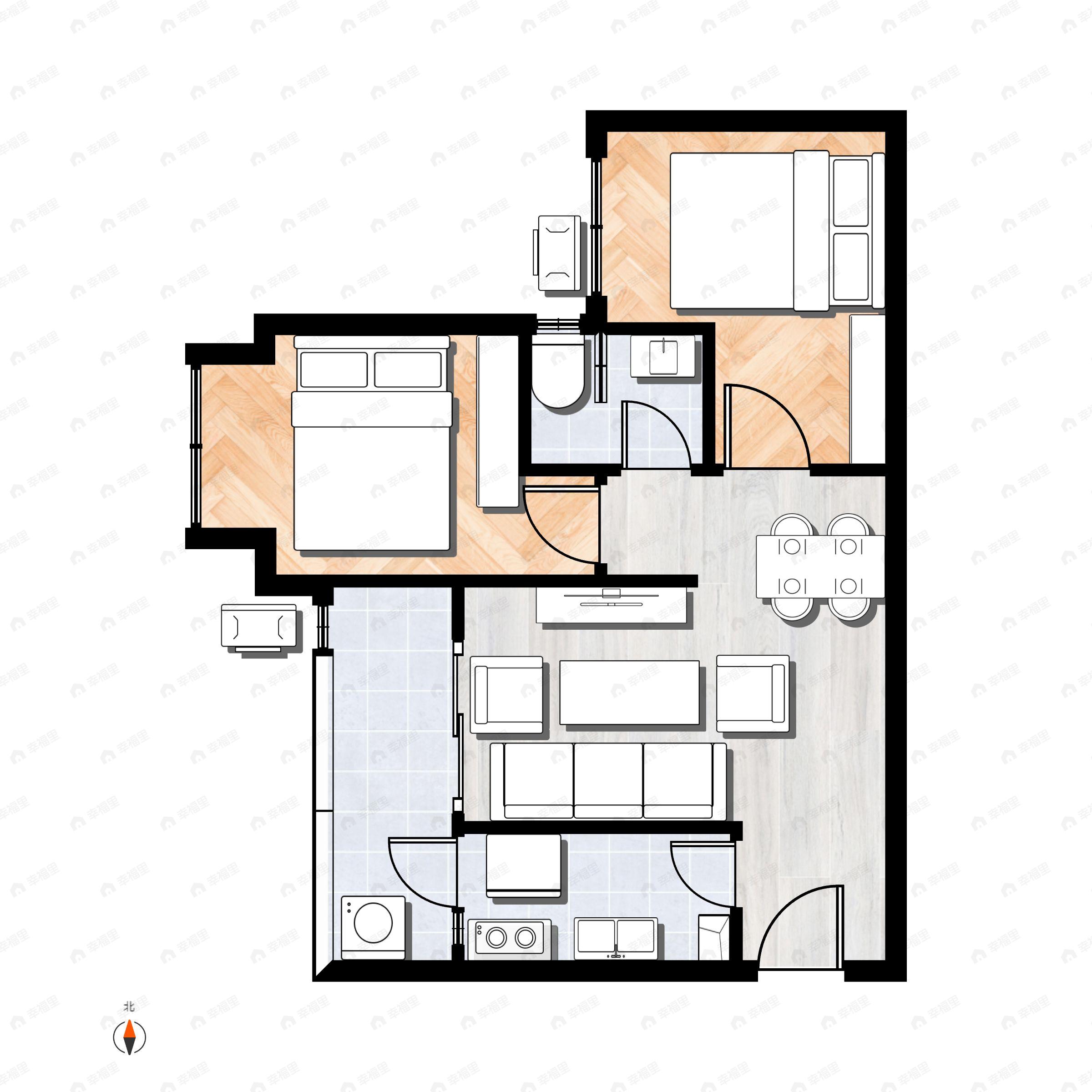 2室2厅1卫建面68m²西|东户型图
