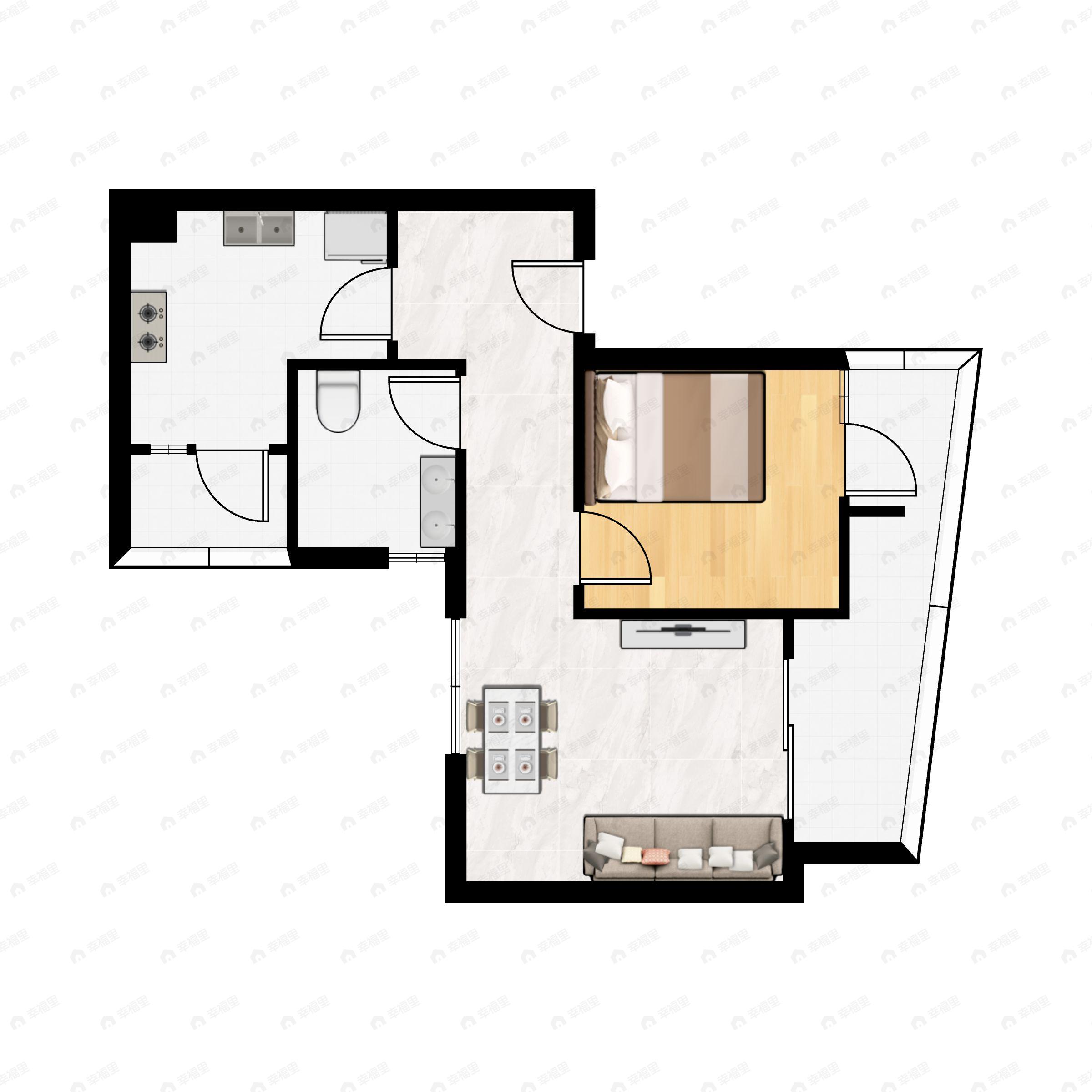 1室1厅1卫建面47m²南户型图