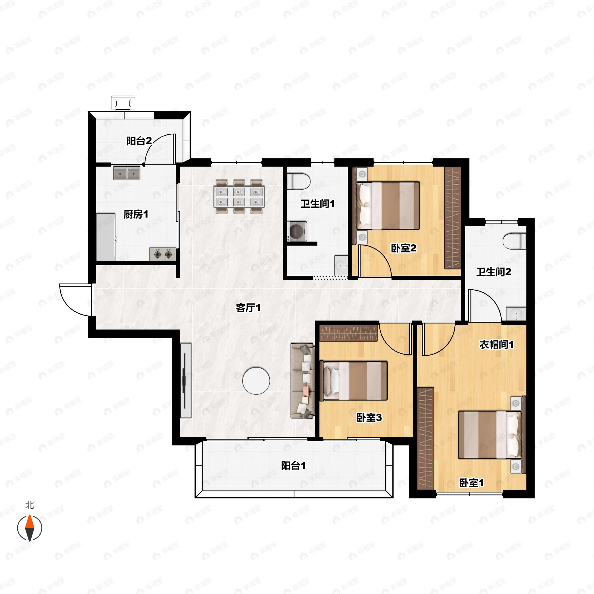 3室2厅2卫建面108平户型图