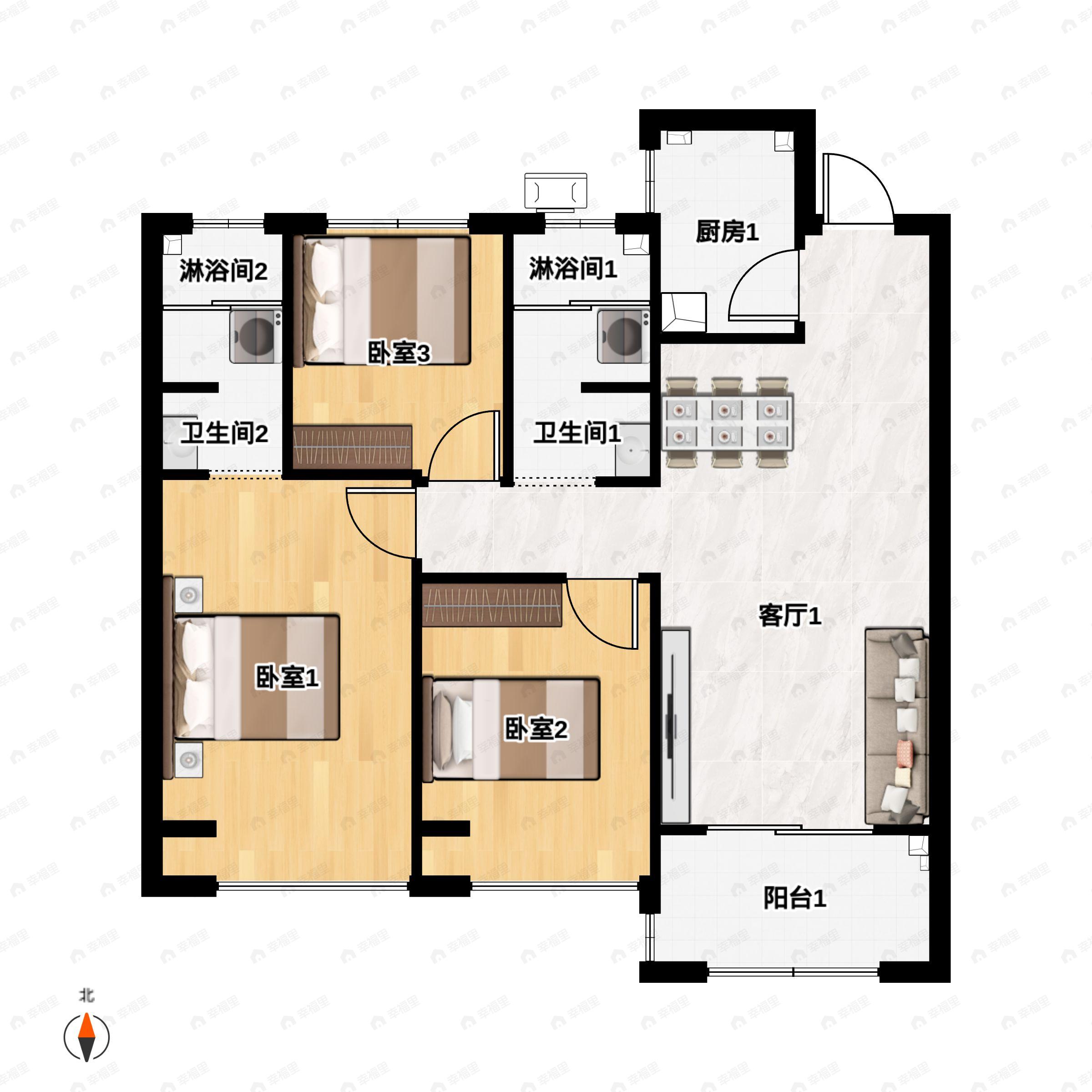 3室2厅2卫建面110平南|北户型图