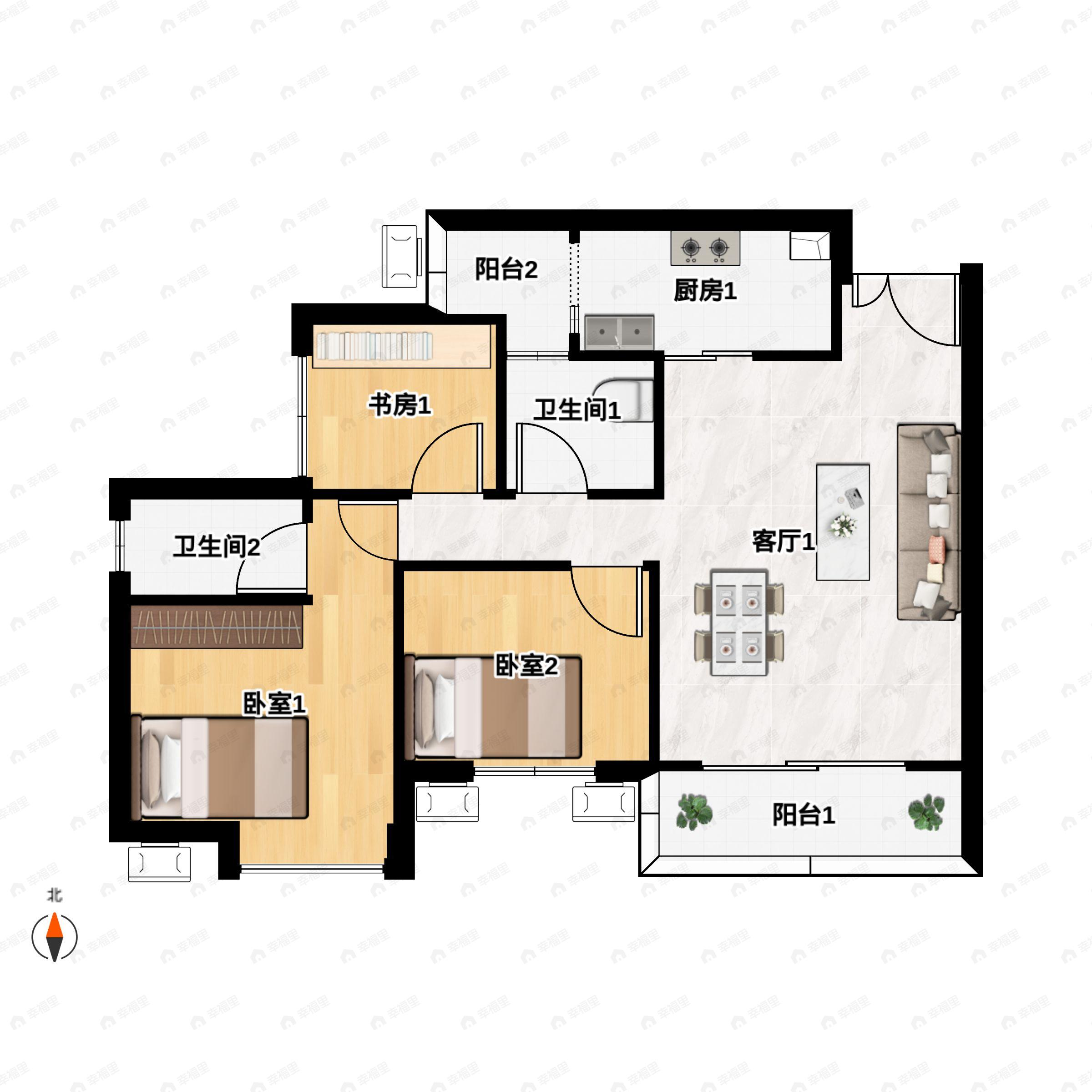 3室2厅2卫建面97平南户型图