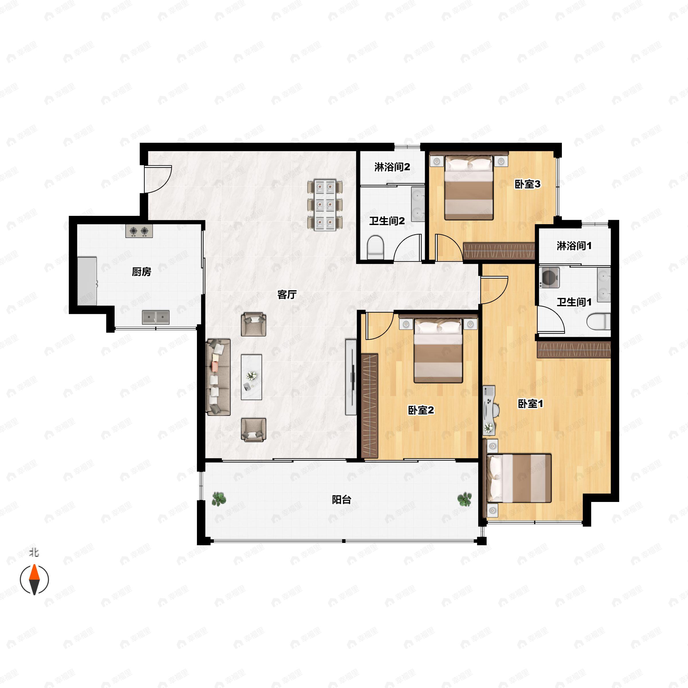 3室2厅2卫建面112m²东南户型图