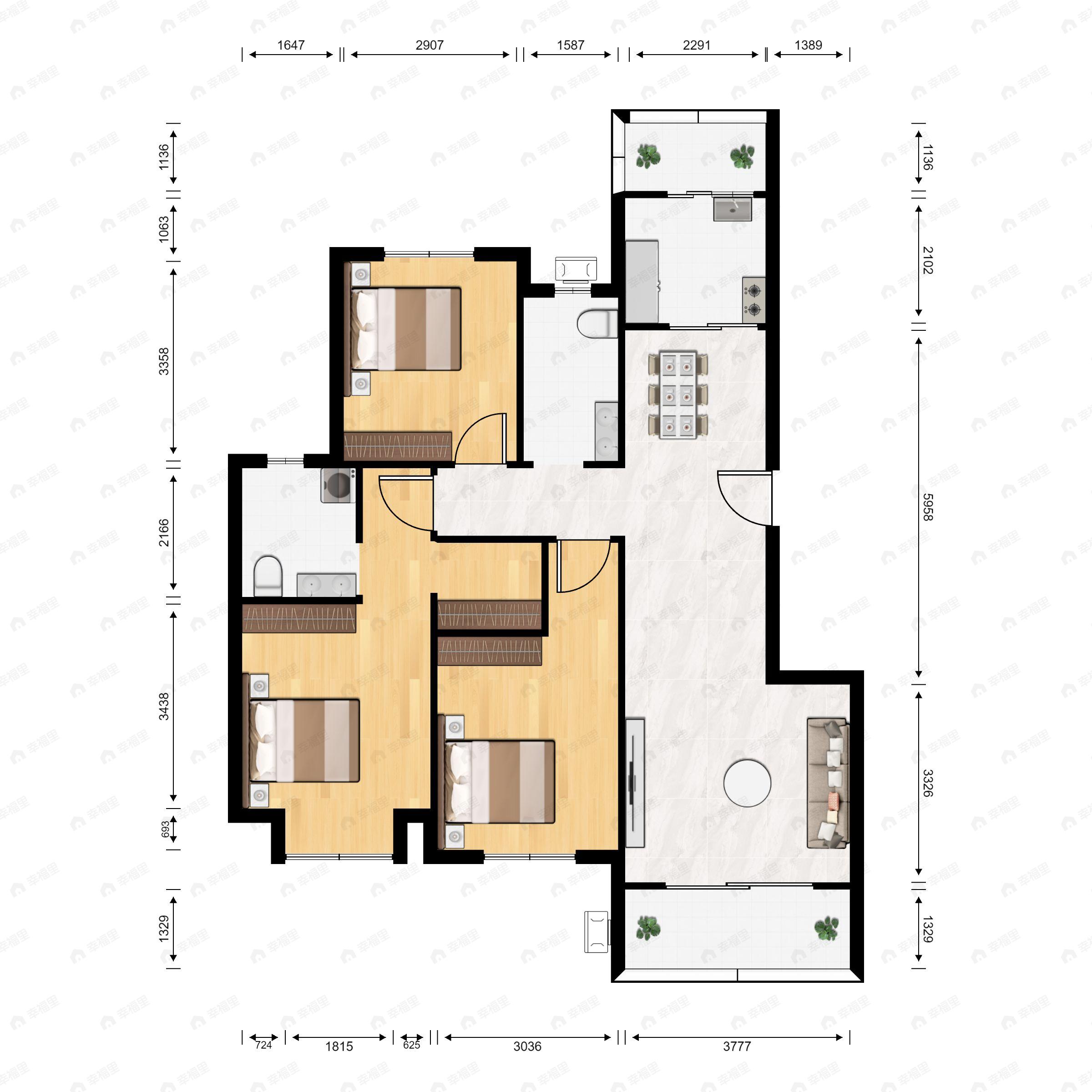 3室2厅2卫建面104平东|西|北|南户型图