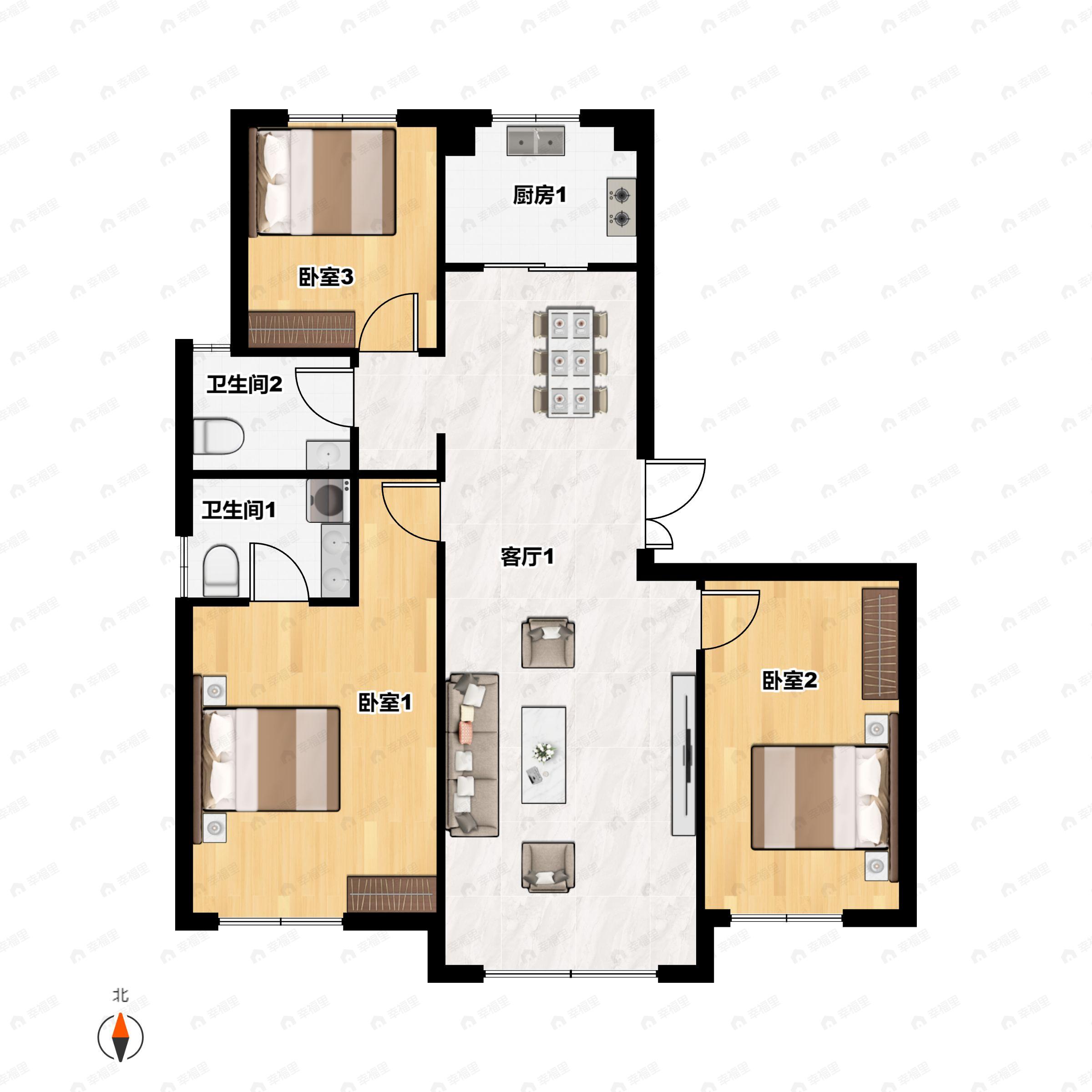 3室2厅2卫建面120m²南户型图