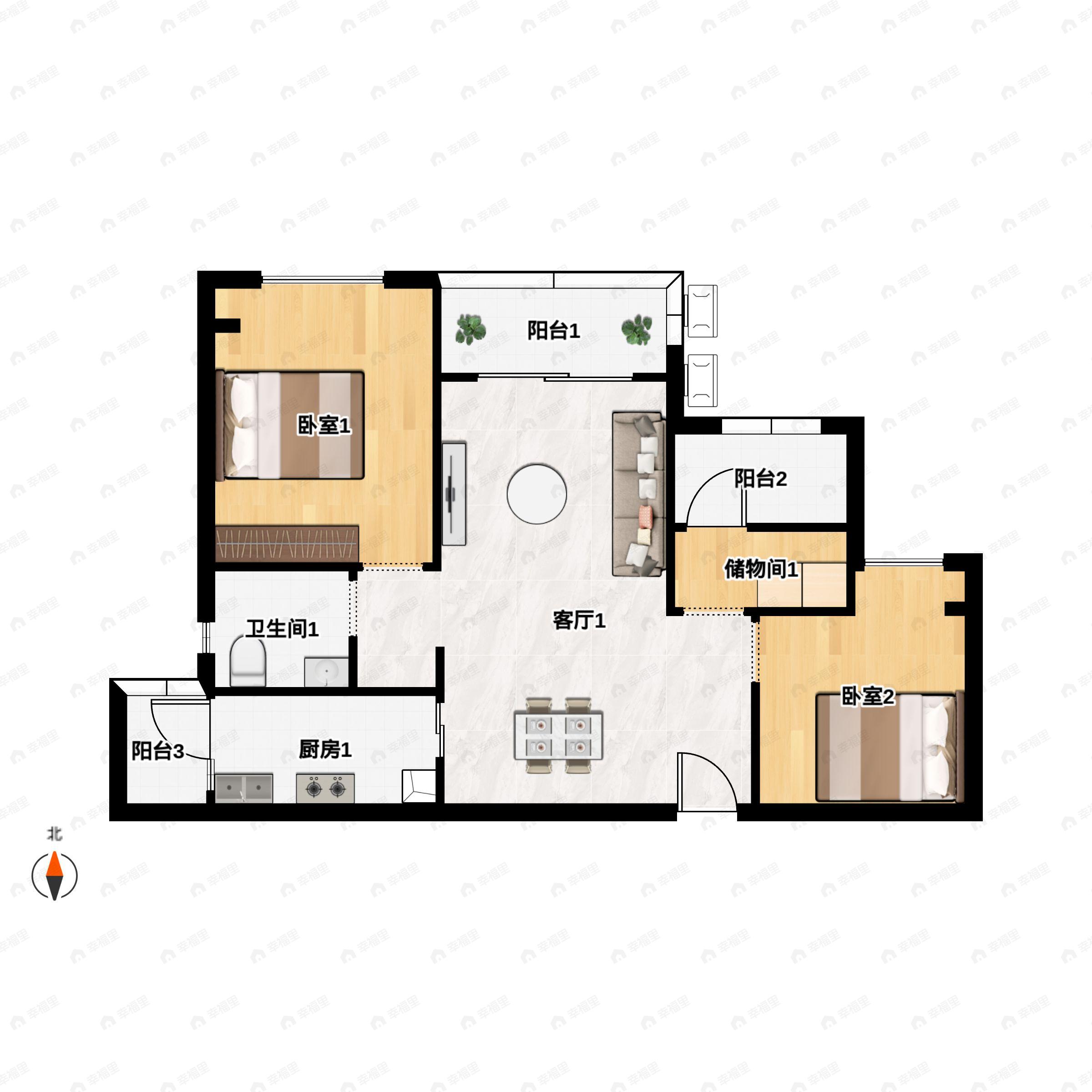 2室2厅1卫建面89m²南|北户型图