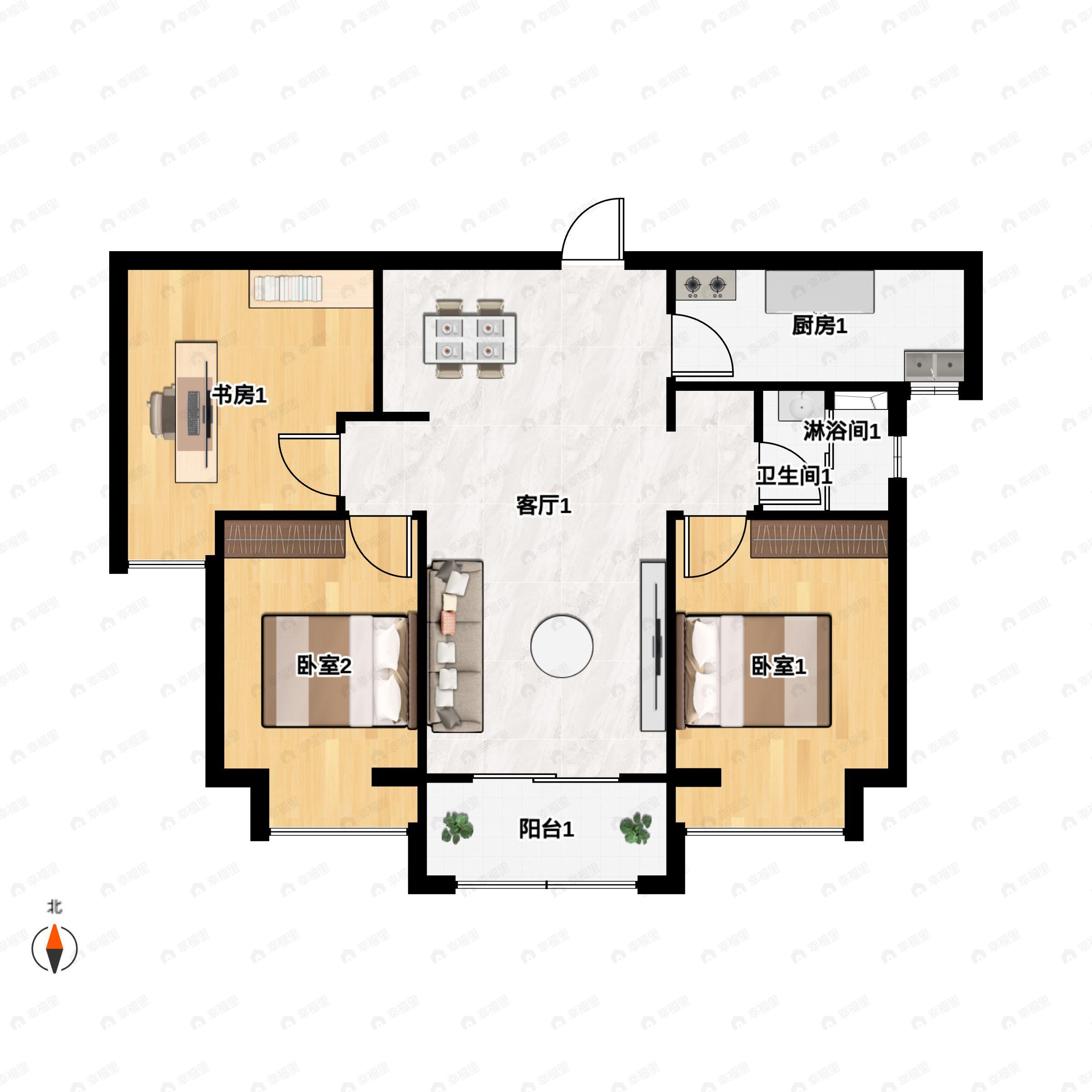 3室2厅1卫建面106m²南户型图