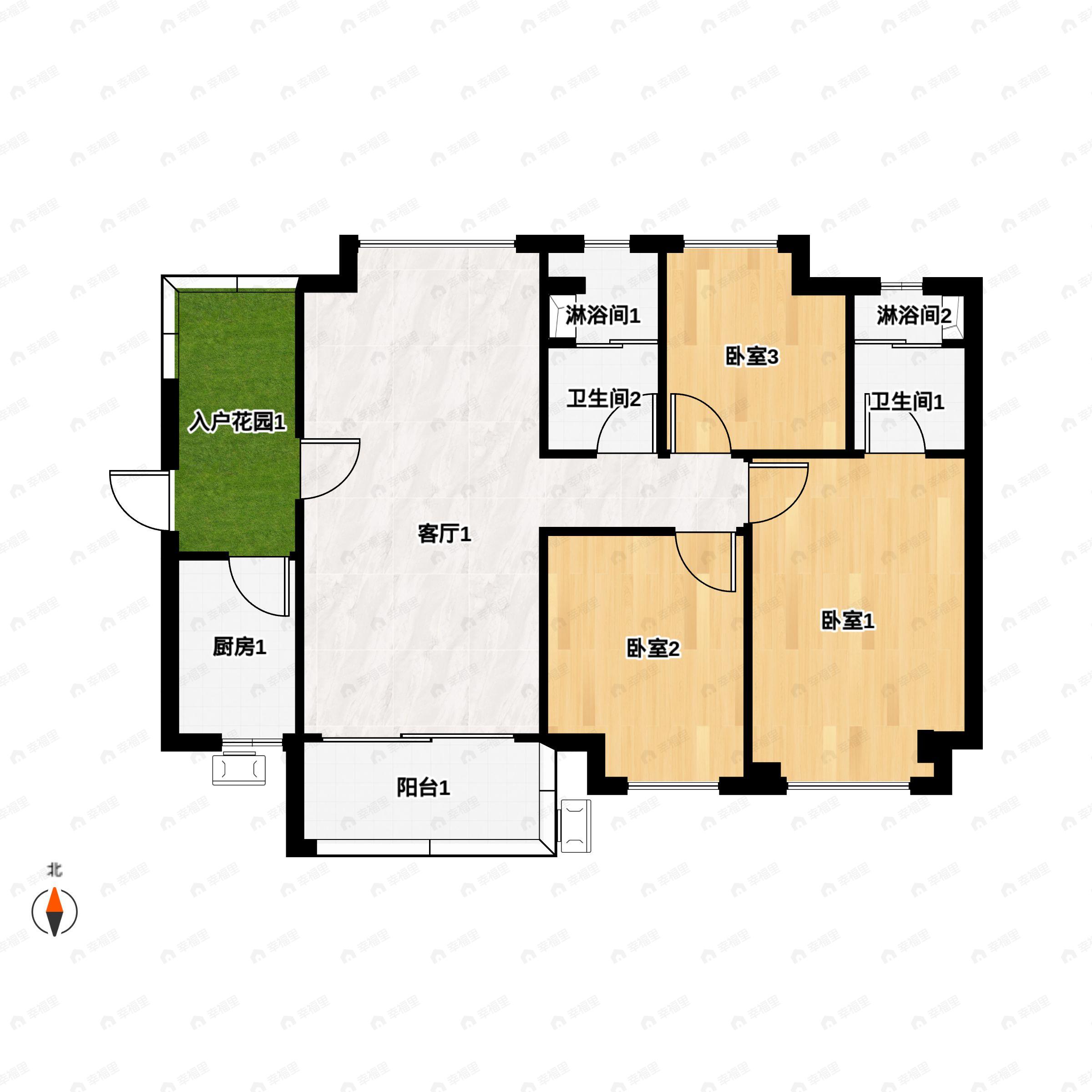 3室2厅2卫建面98平南户型图