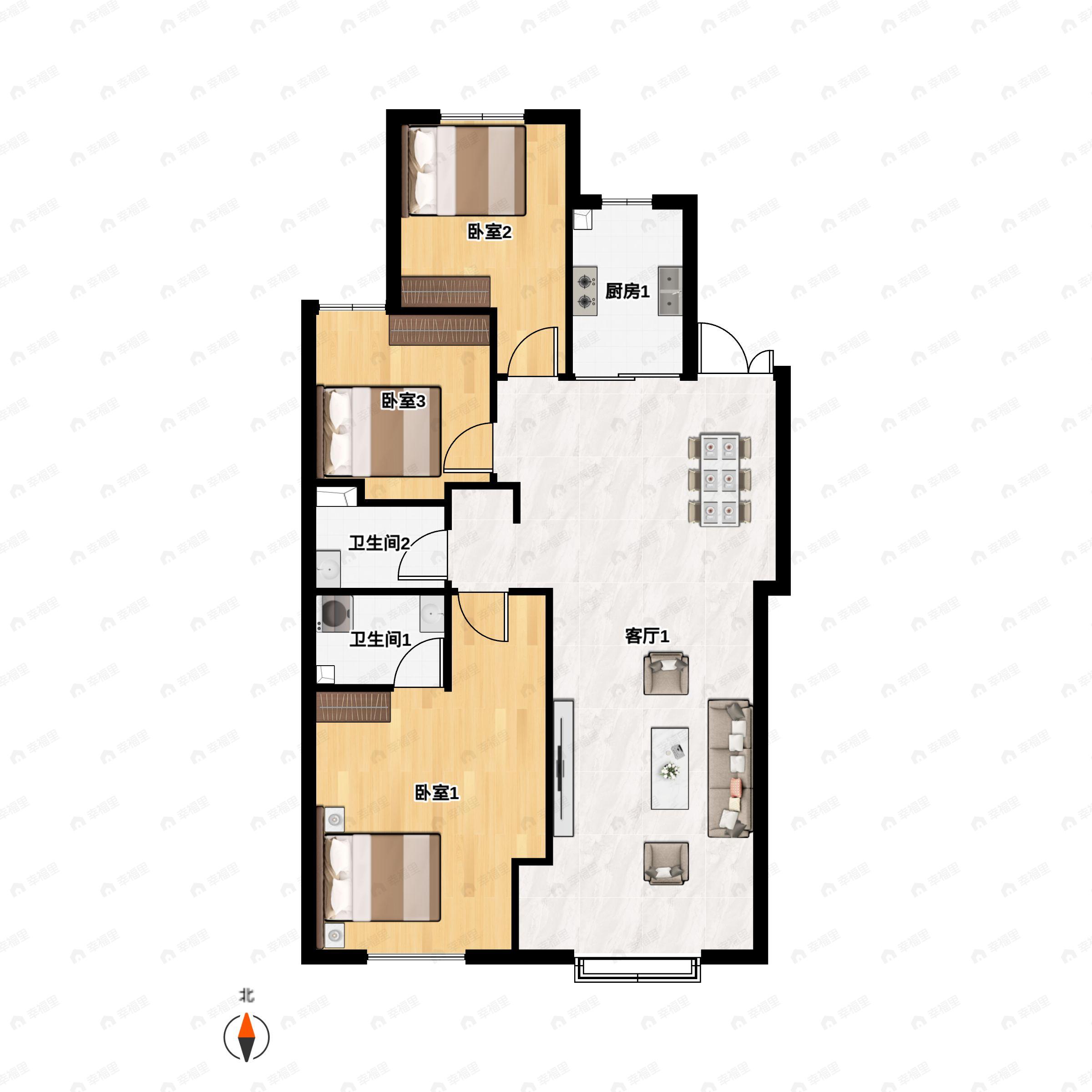 3室2厅2卫建面128m²南|北户型图