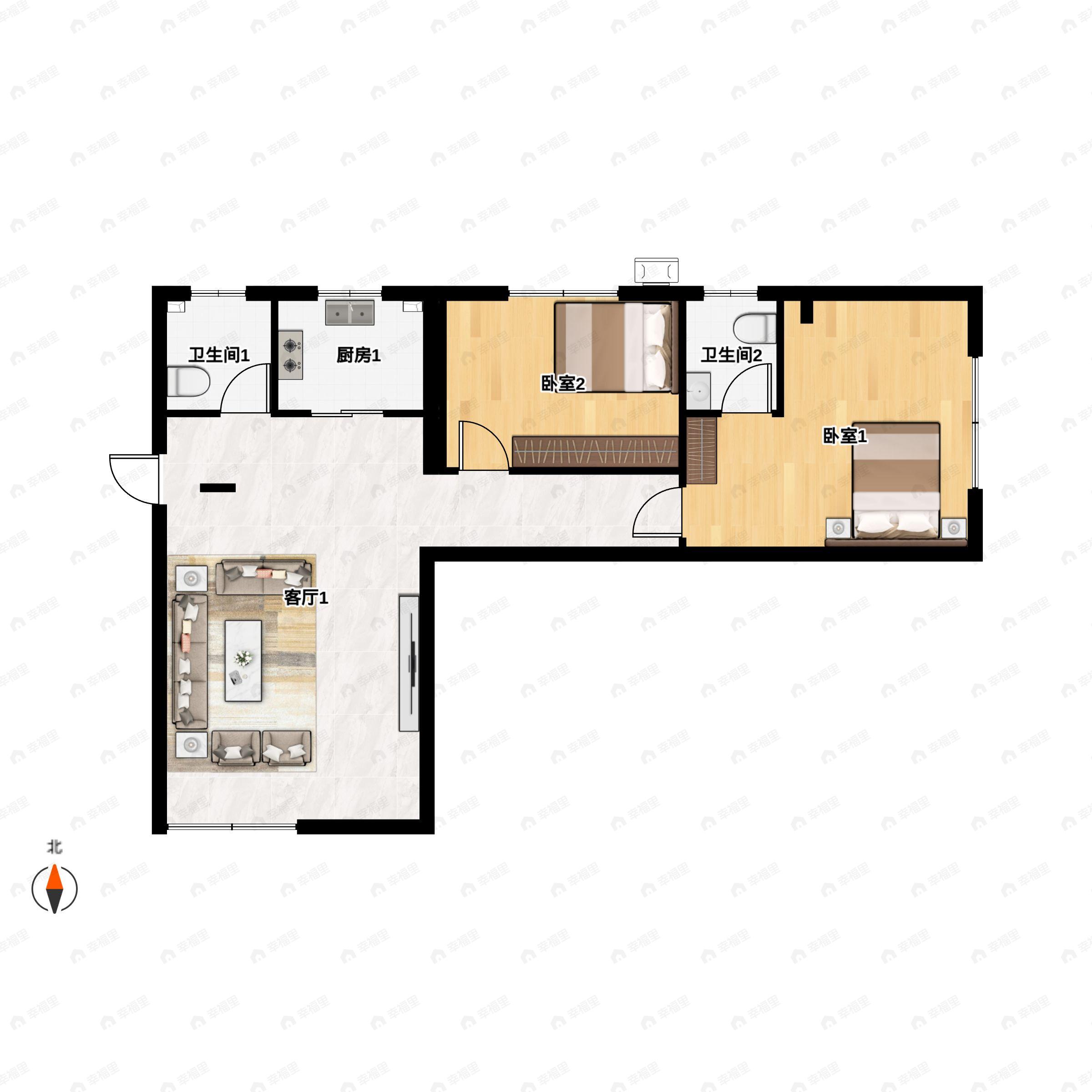 2室2厅2卫建面131平北|南户型图