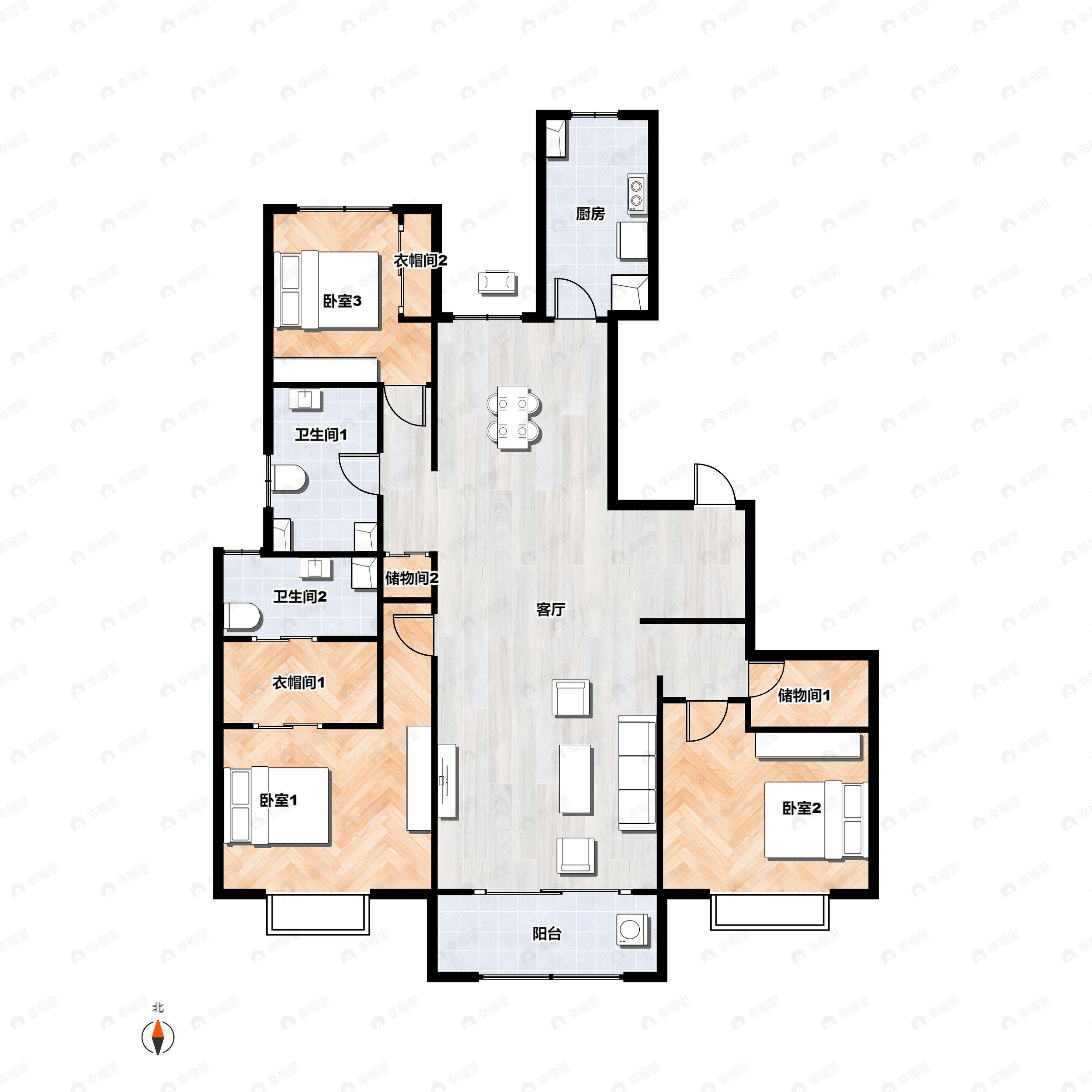 3室2厅2卫建面146平南|北户型图