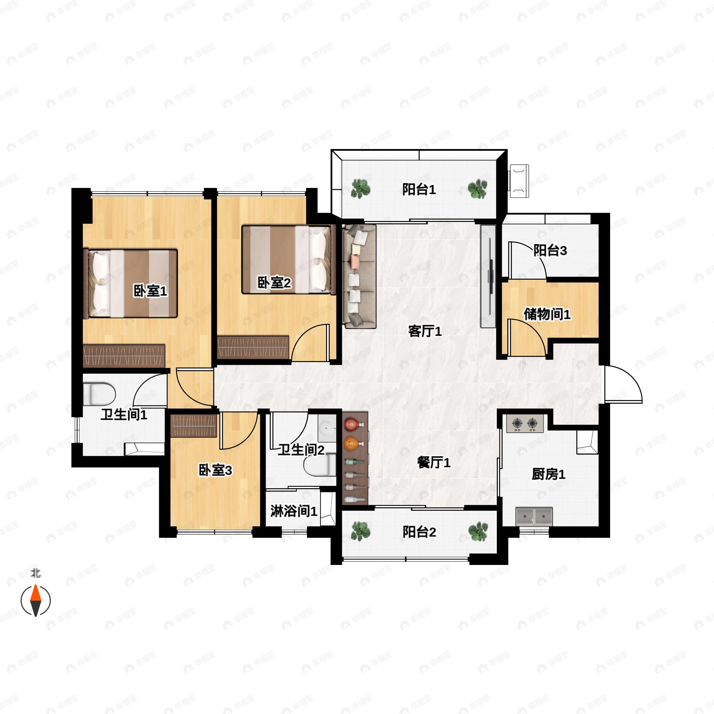 3室2厅2卫建面102平西北户型图