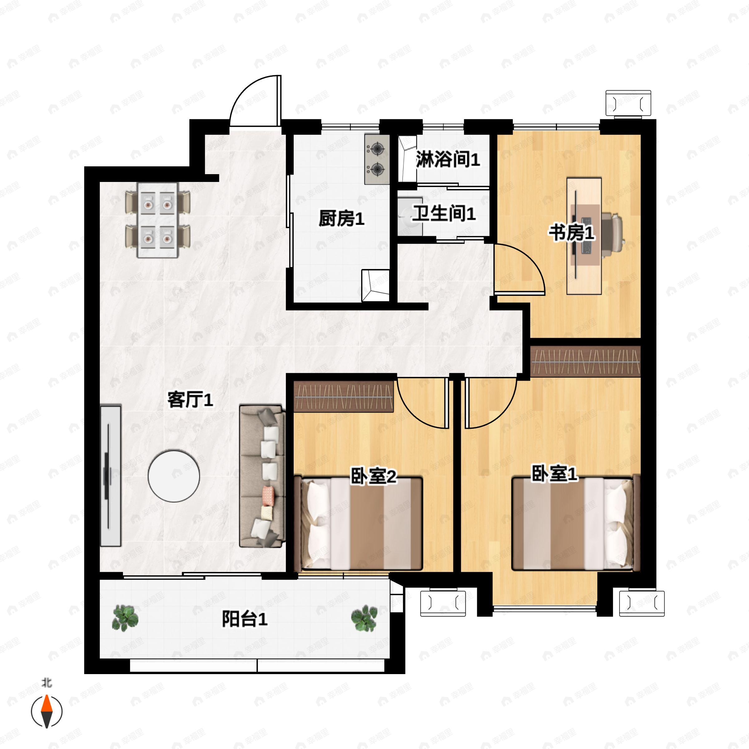 3室2厅1卫建面95m²南户型图