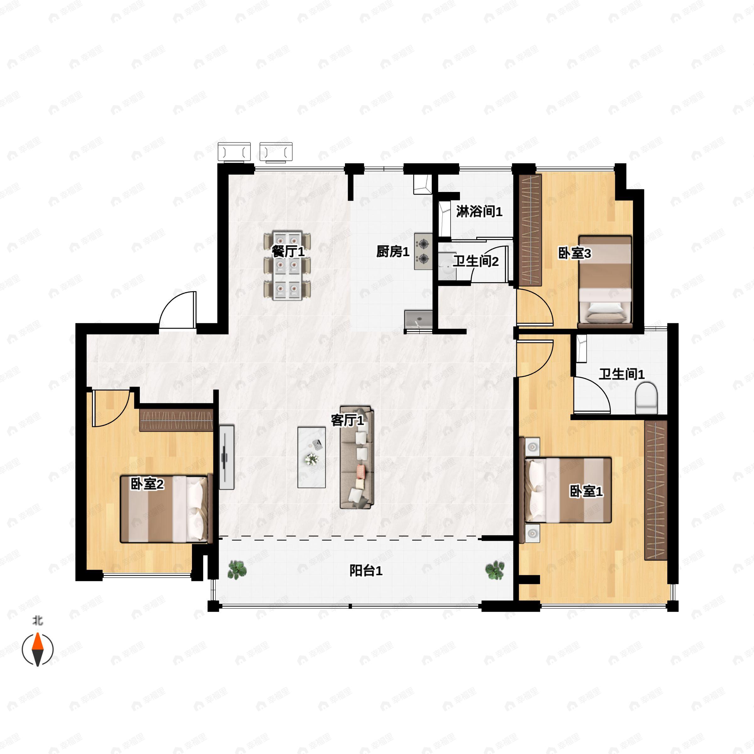 3室2厅2卫建面130m²北|南户型图