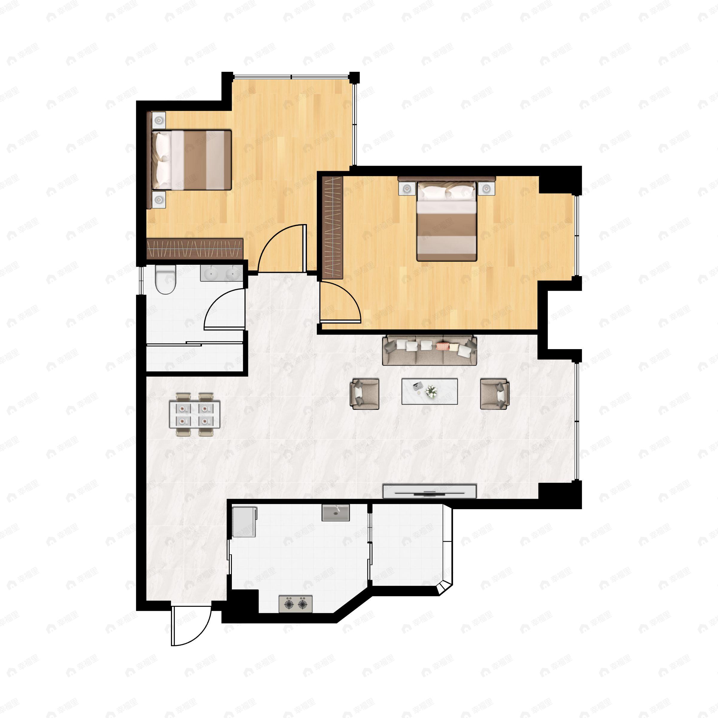 2室2厅1卫建面77m²南户型图