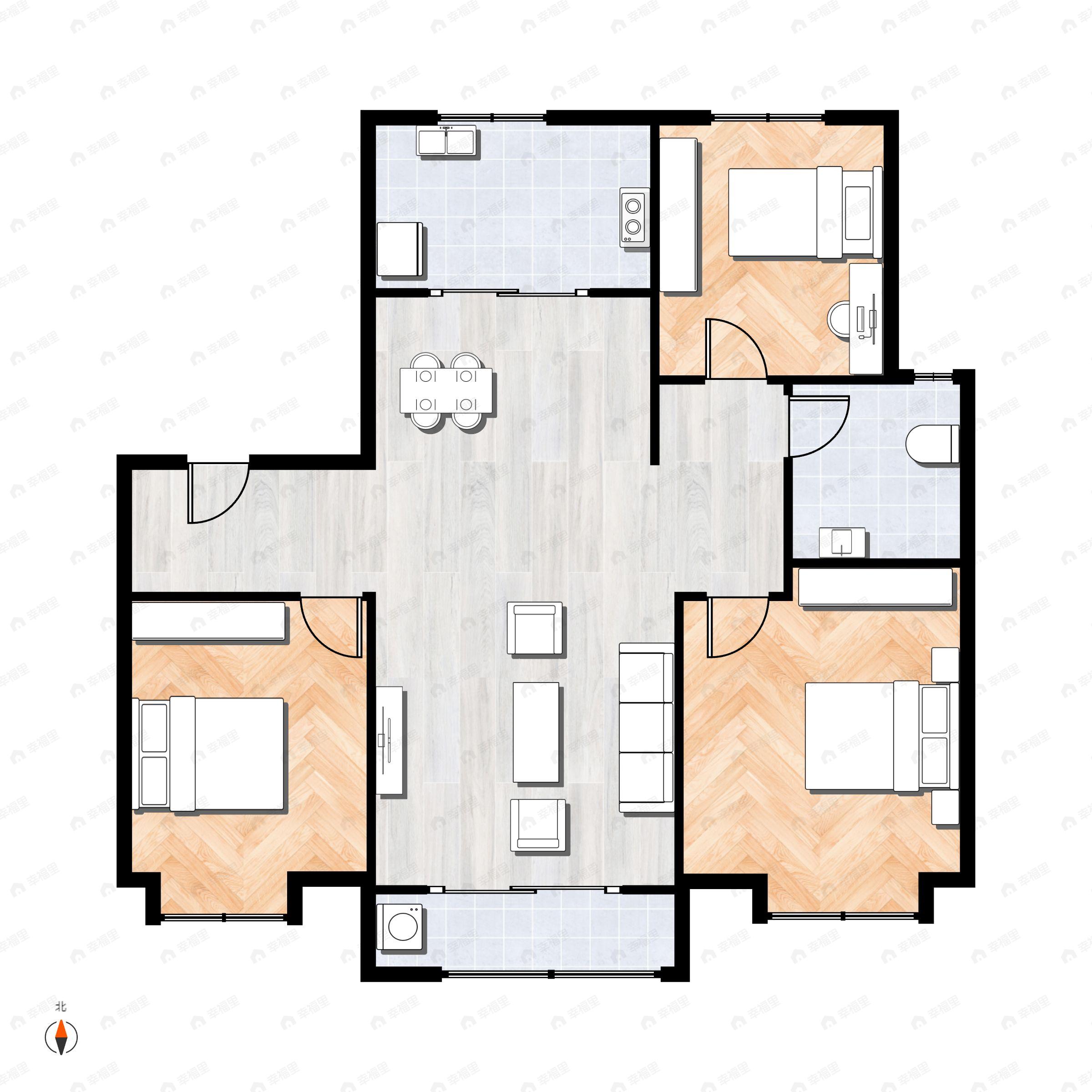 3室2厅1卫建面97m²南|北户型图