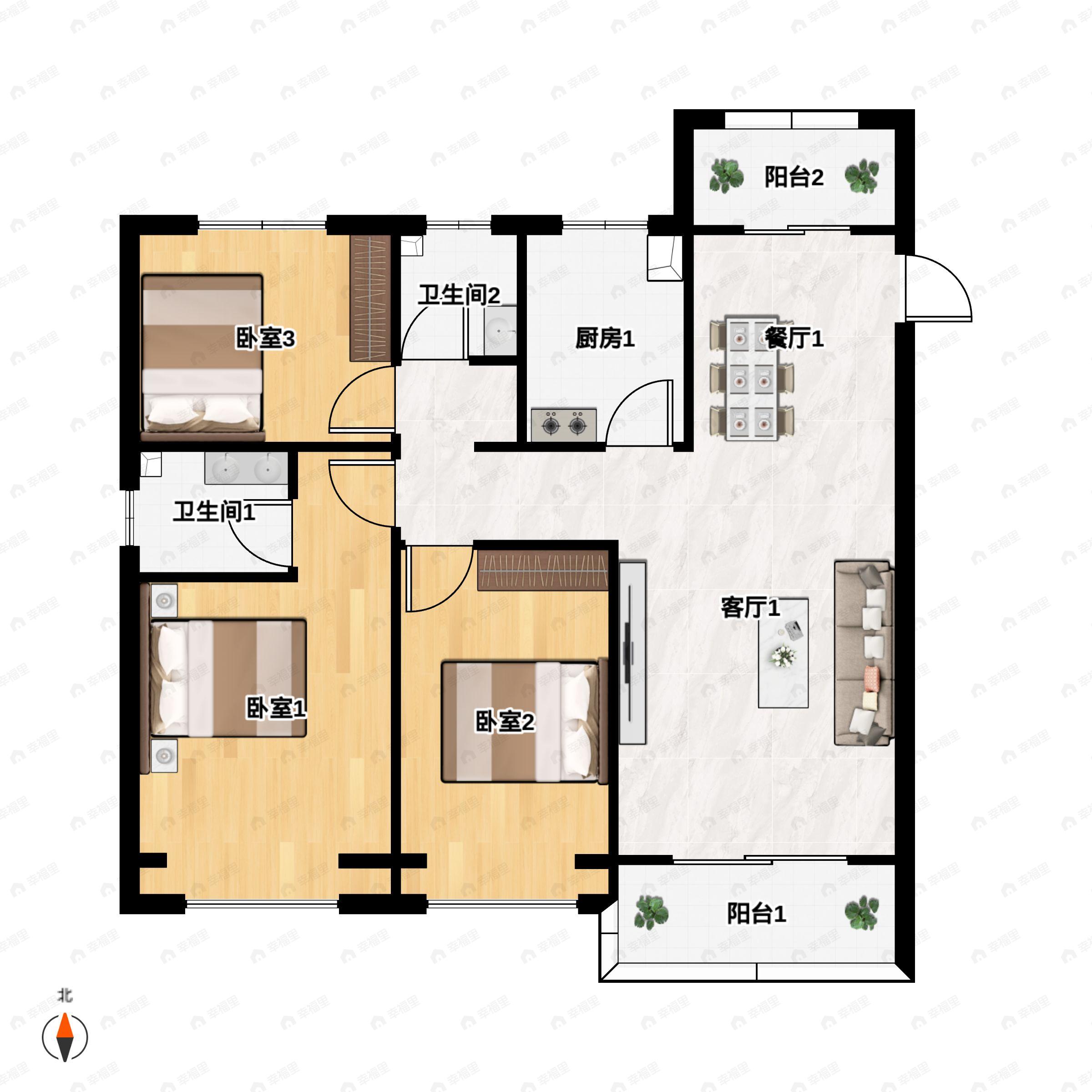 3室2厅2卫建面127m²南户型图