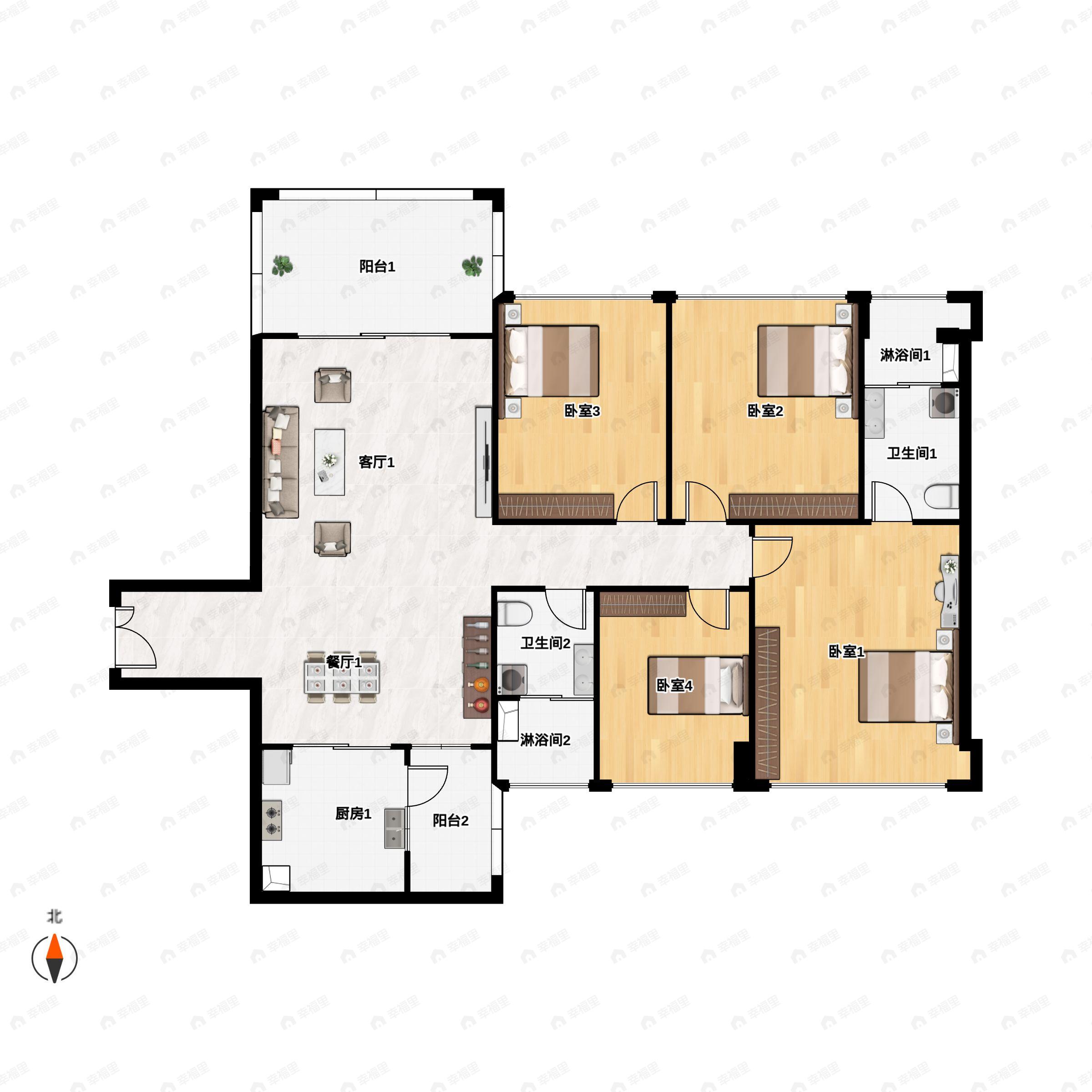 4室2厅2卫建面134平南户型图