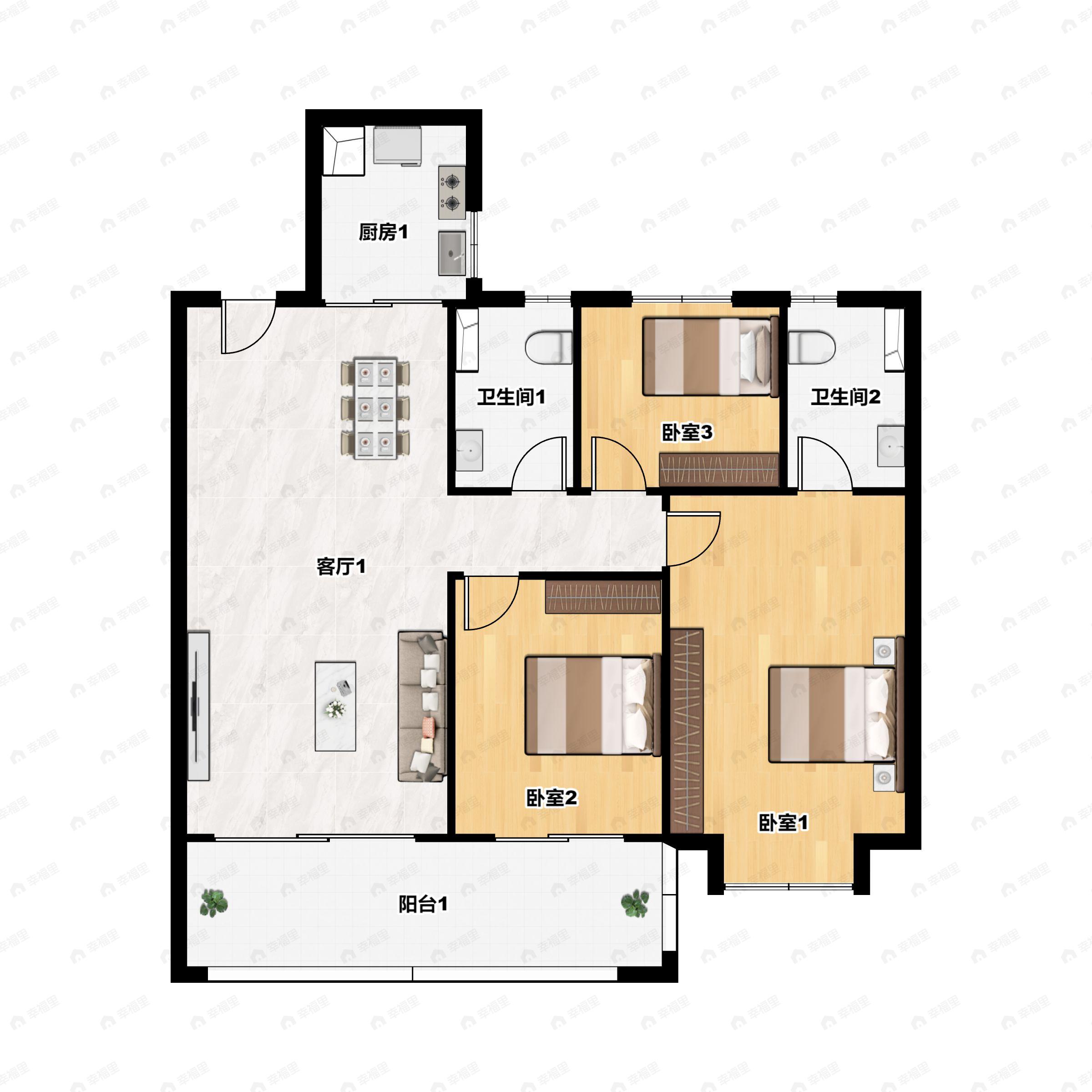 3室2厅2卫建面112m²南户型图