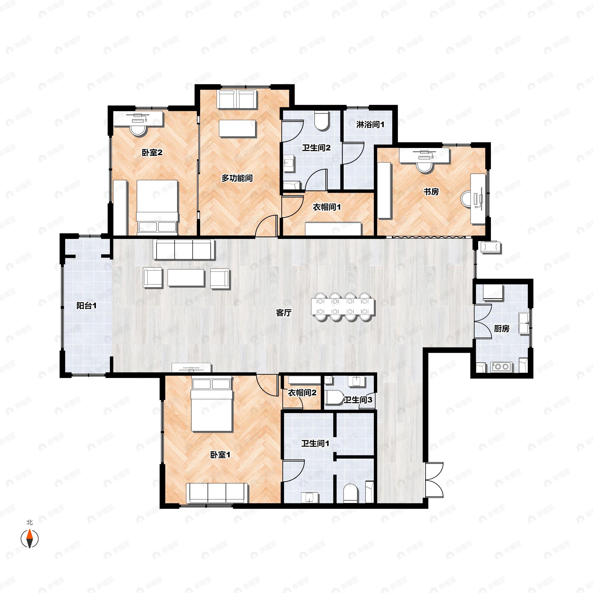 2室2厅3卫建面229平户型图