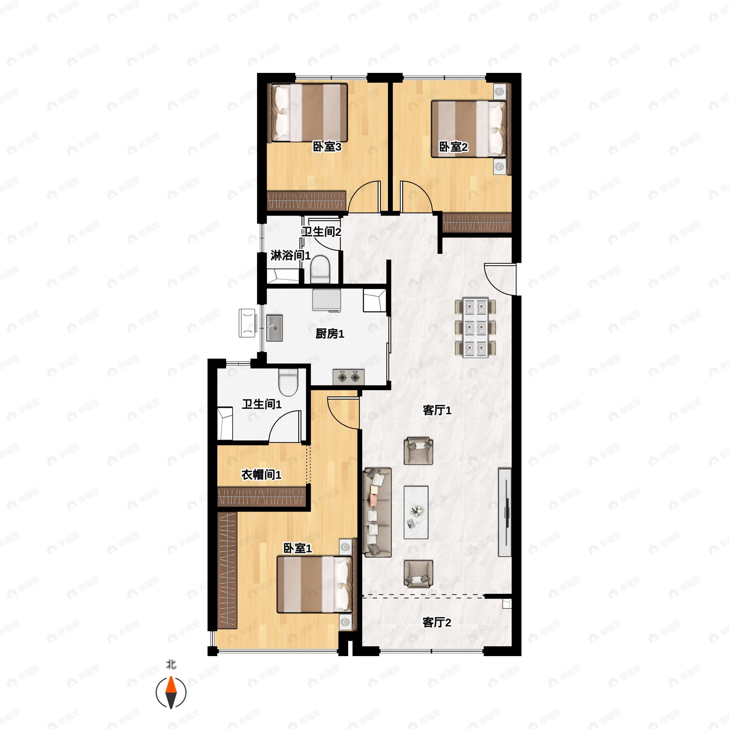 3室2厅2卫建面118m²北|南户型图