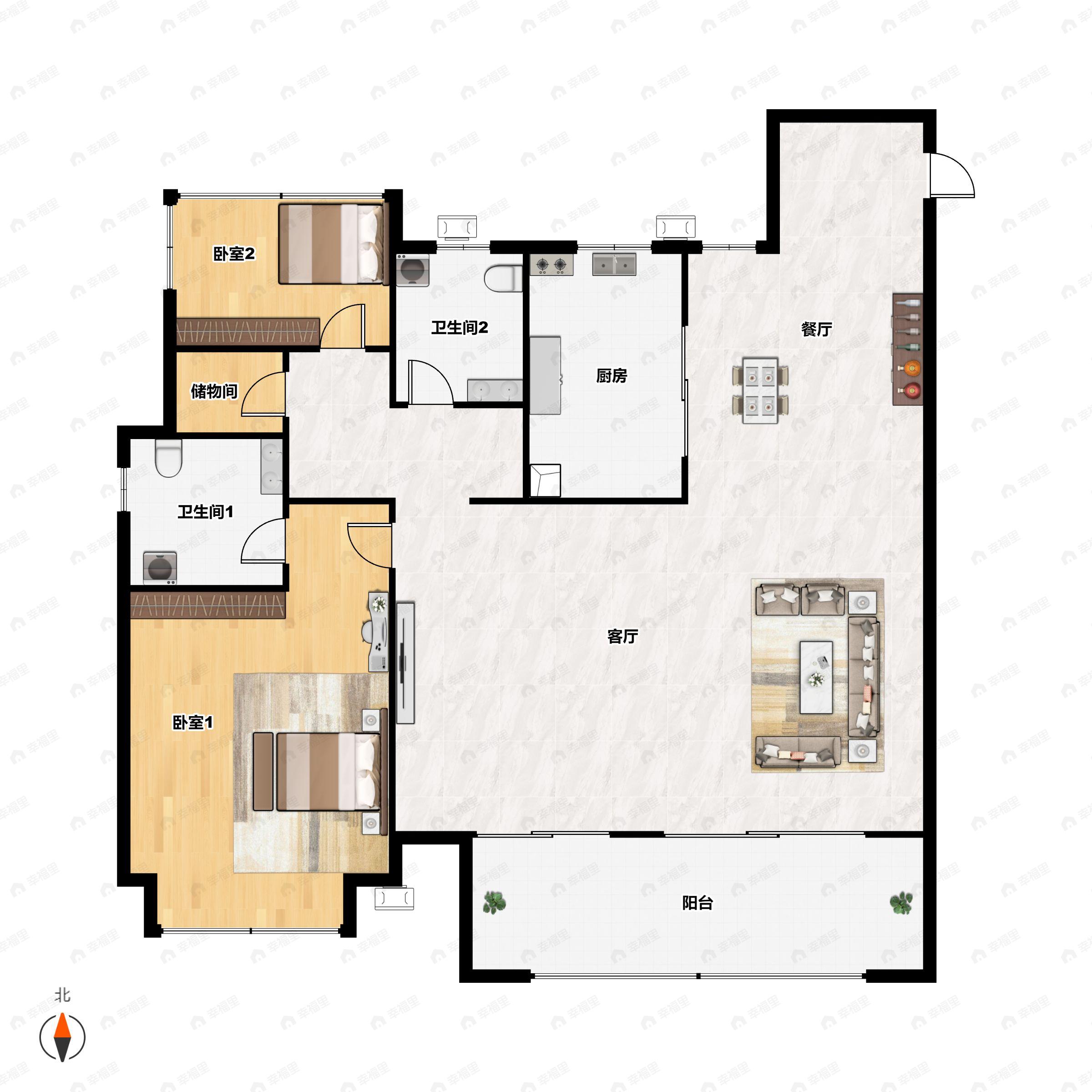 3室2厅2卫建面104m²南|北户型图