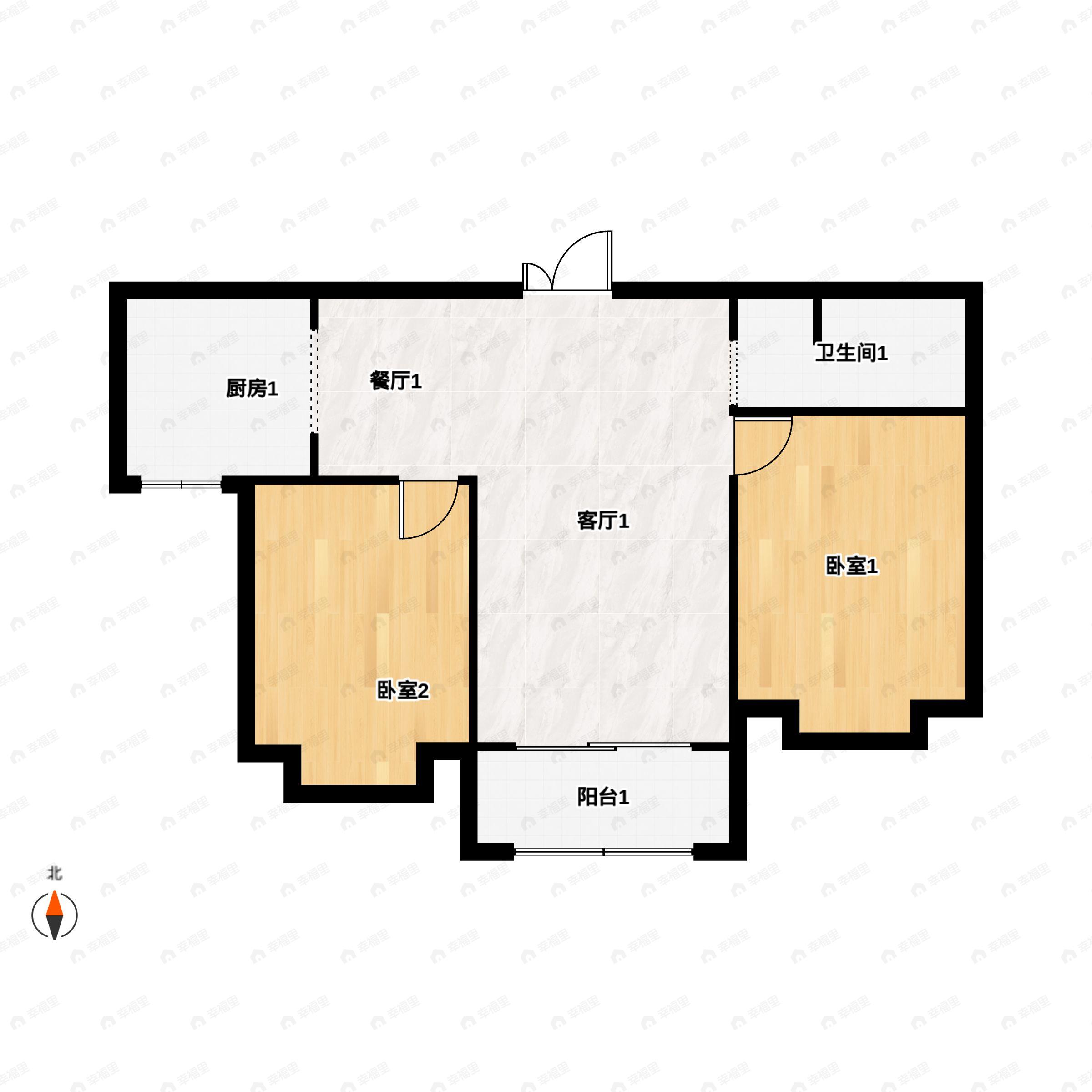 2室2厅1卫建面117m²南|北户型图