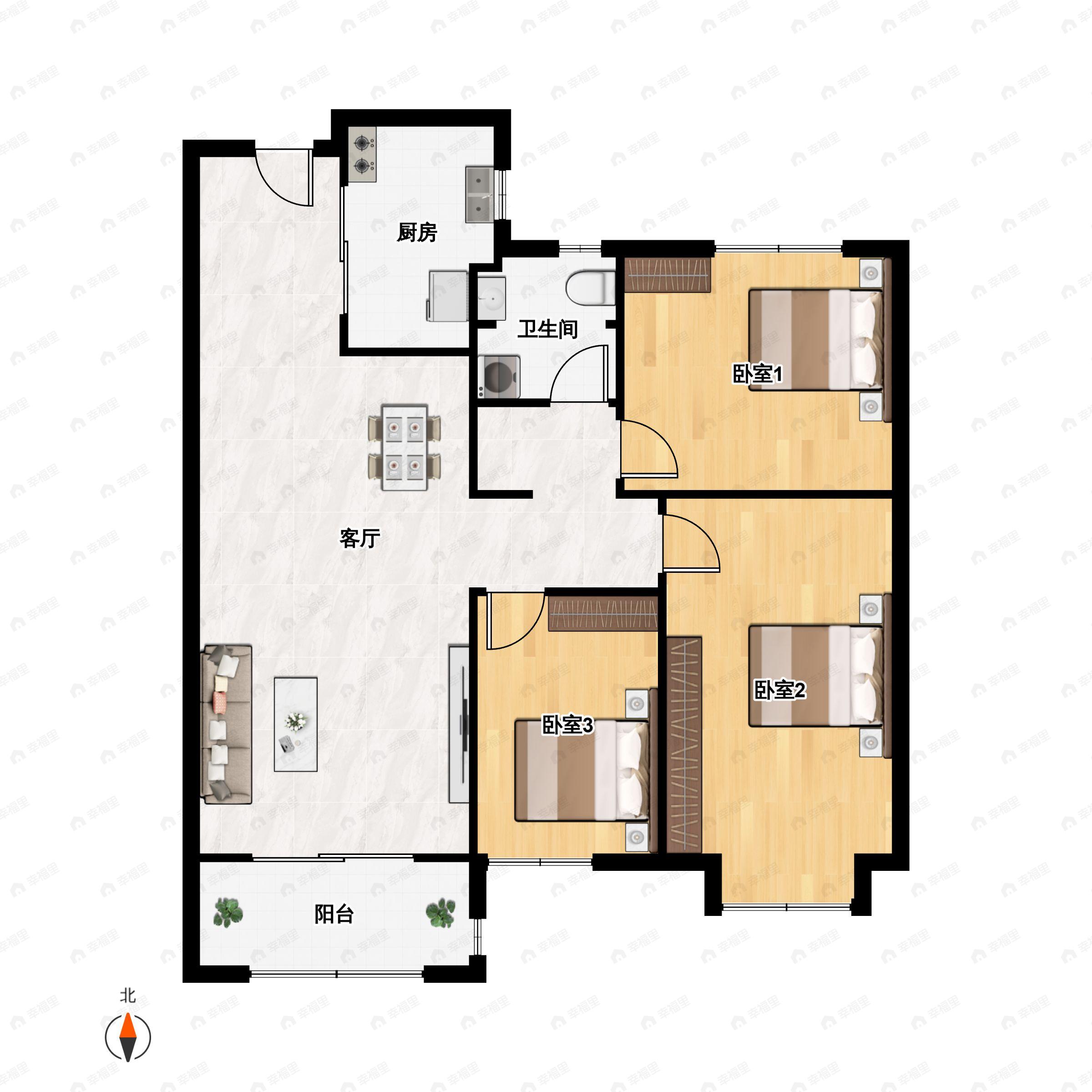 3室2厅1卫建面93m²南户型图