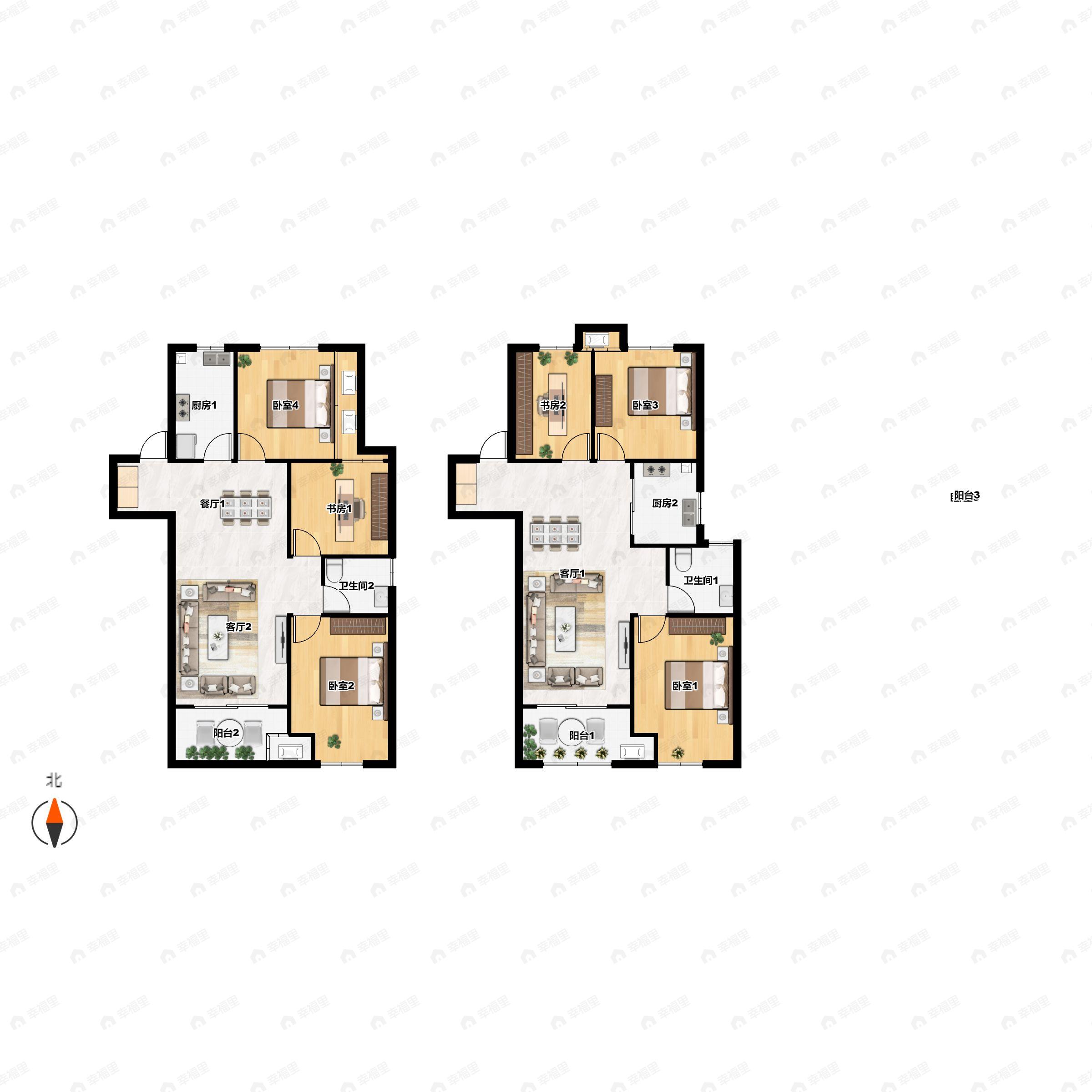 3室2厅1卫建面101平南|北户型图