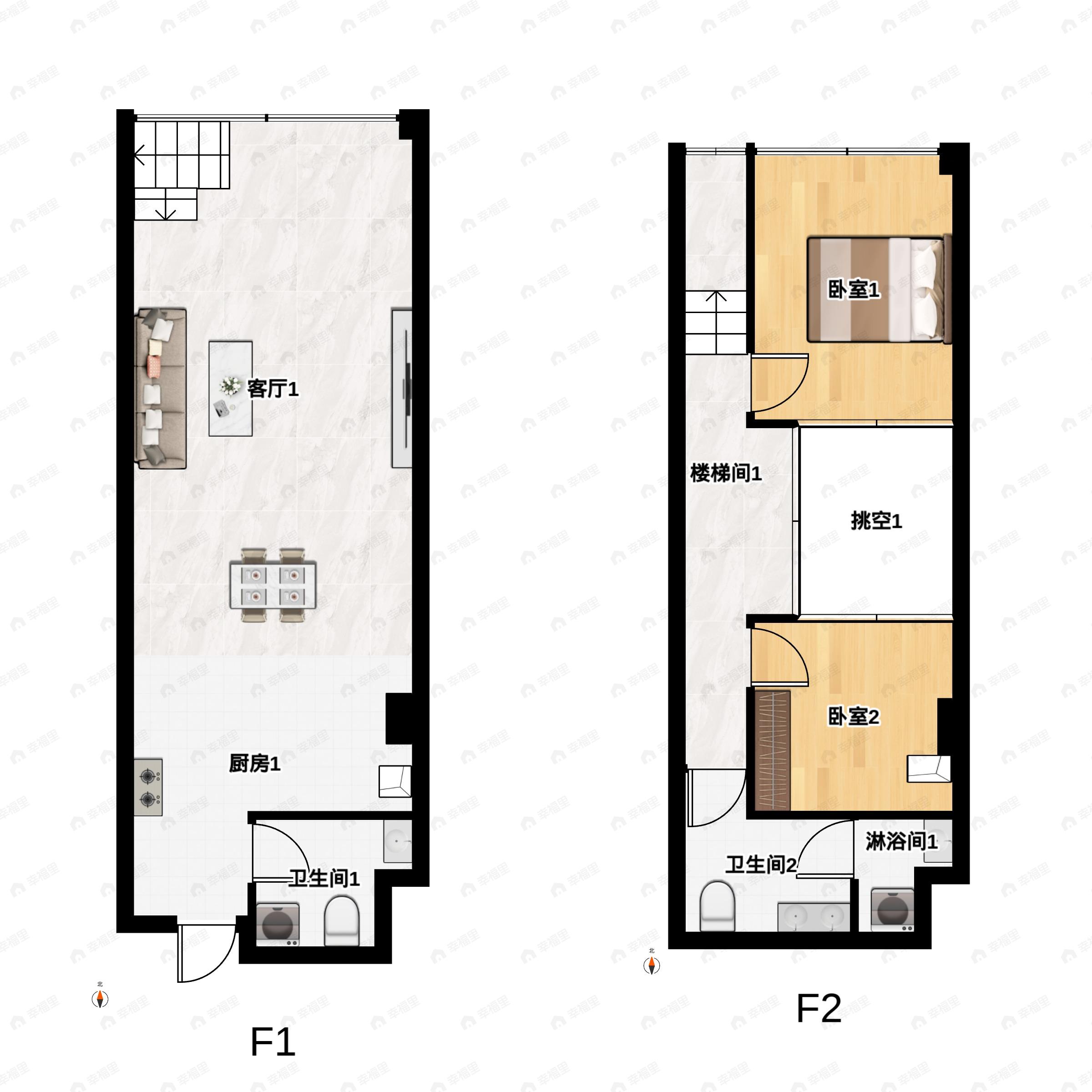 2室2厅2卫建面59平户型图