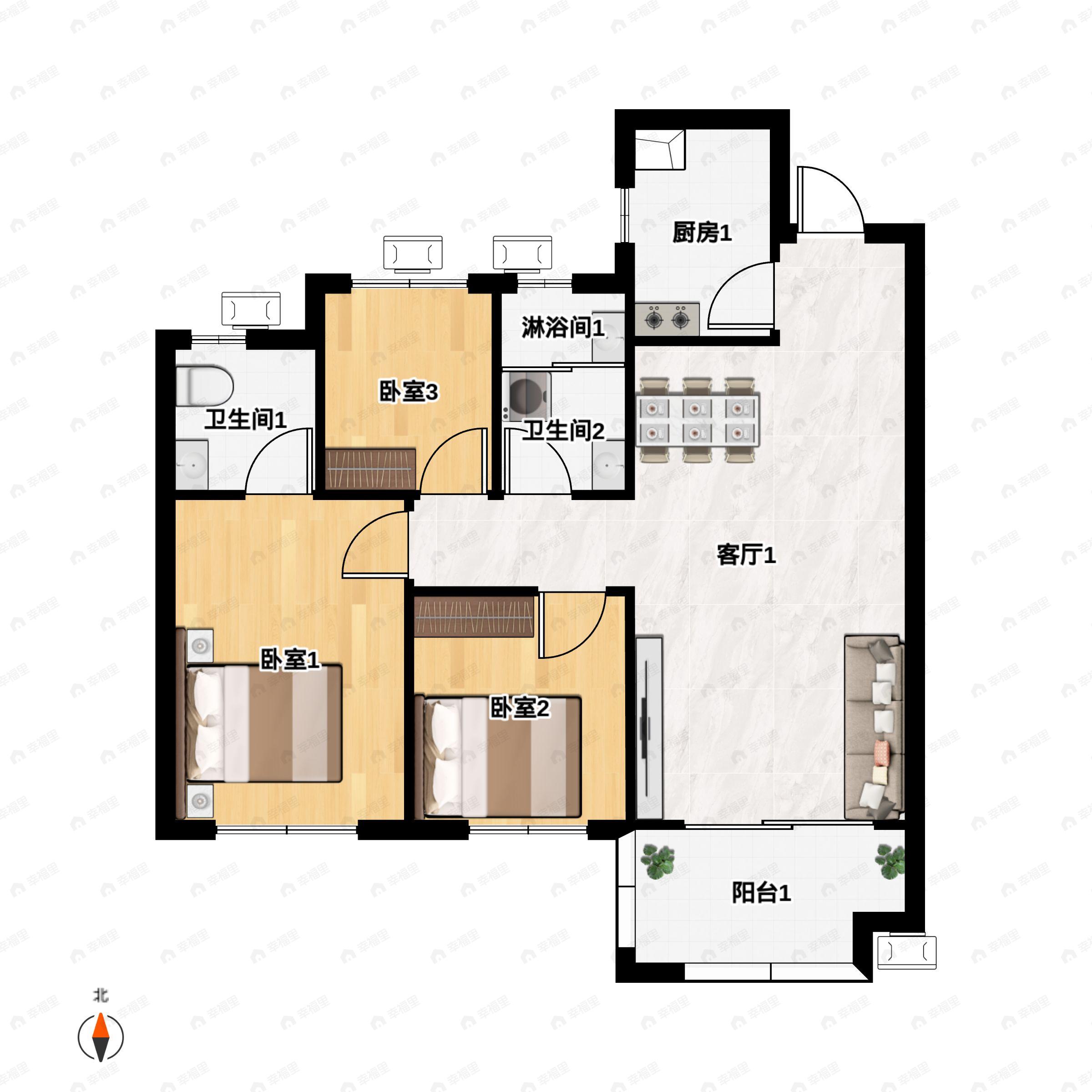 3室2厅2卫建面89平户型图