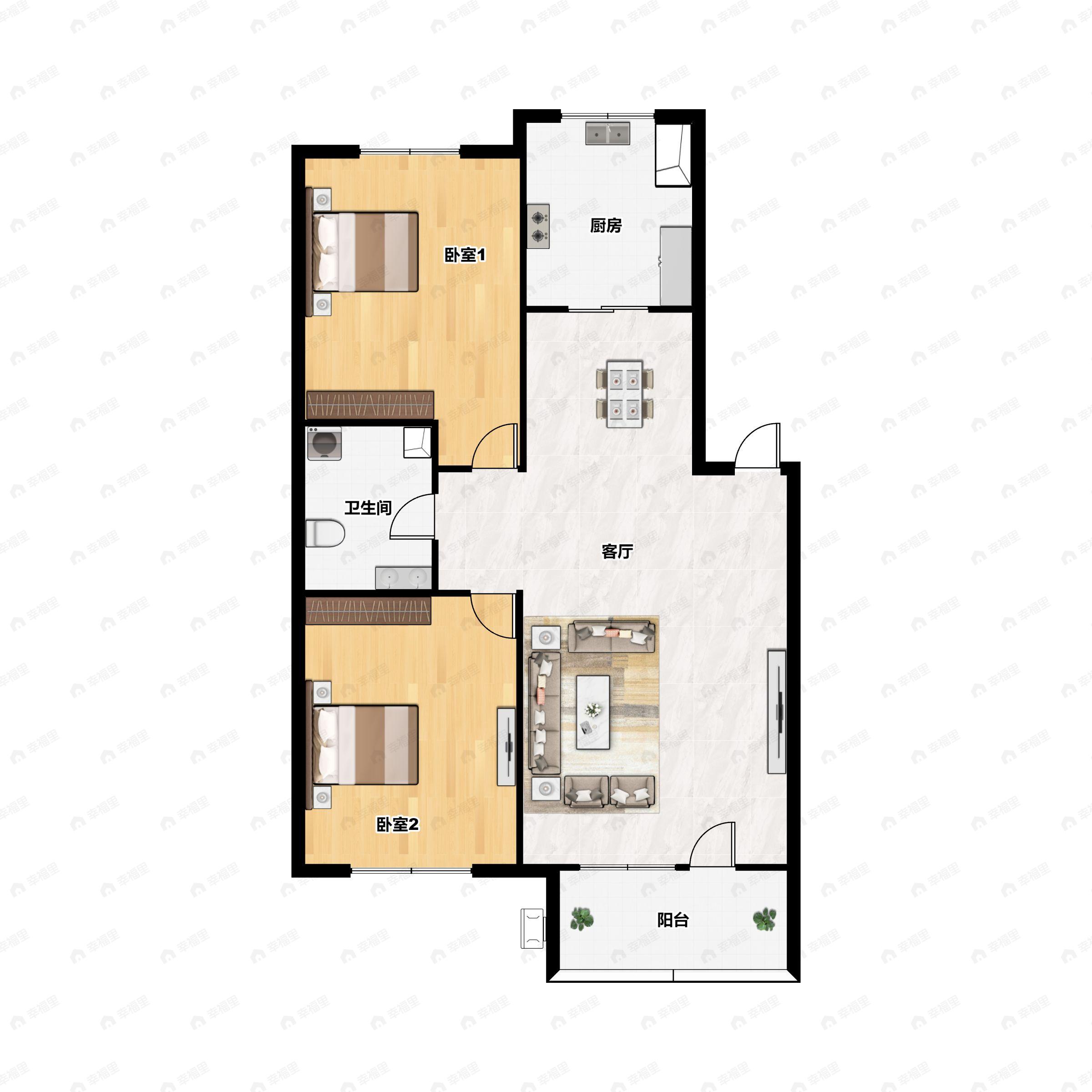 2室2厅1卫建面82m²南|北户型图