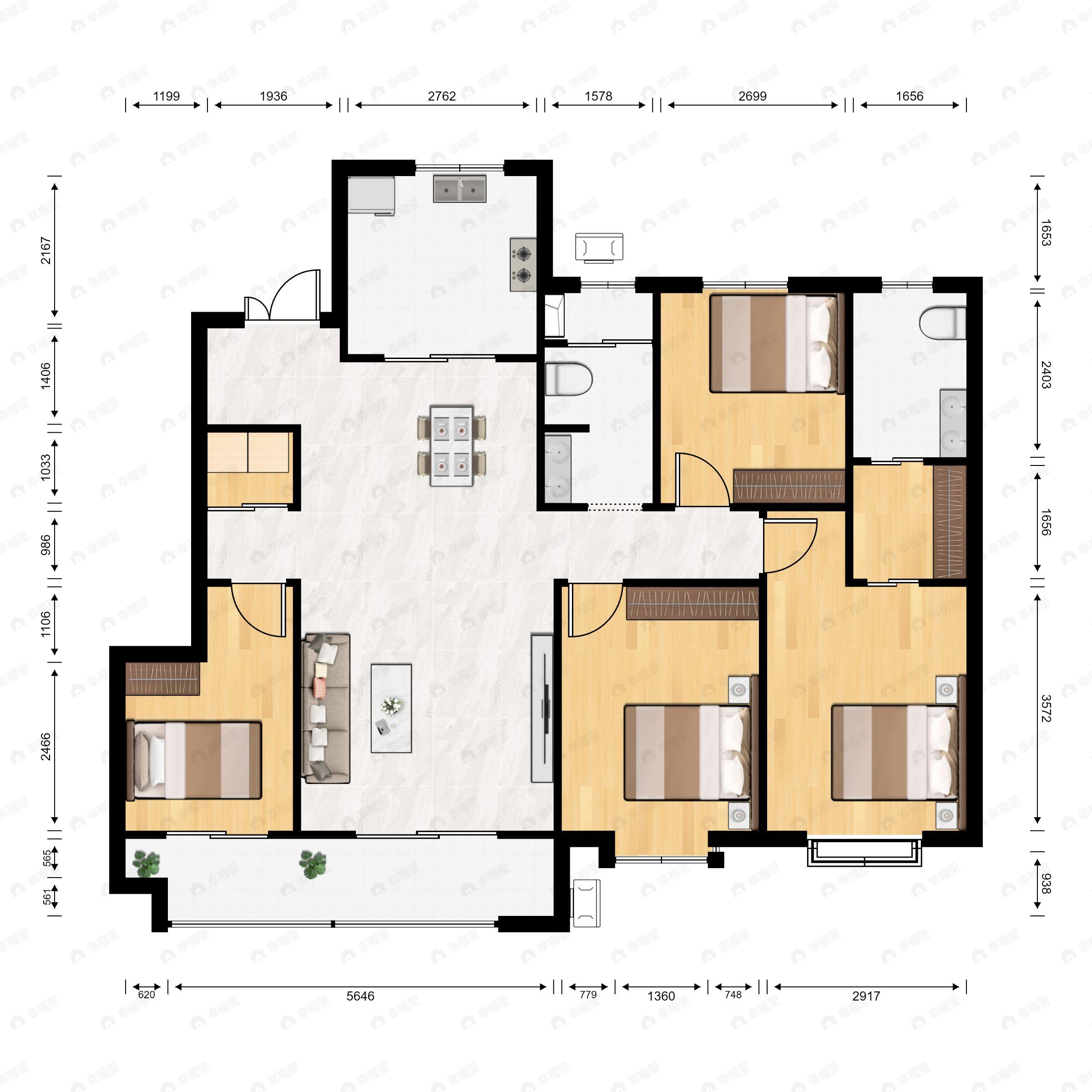4室2厅2卫建面169平南户型图