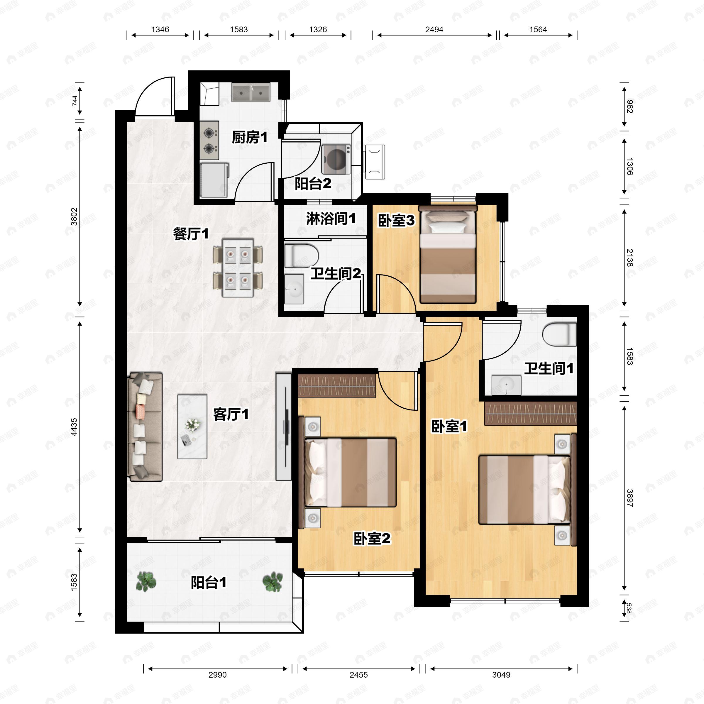2室2厅2卫建面99平户型图