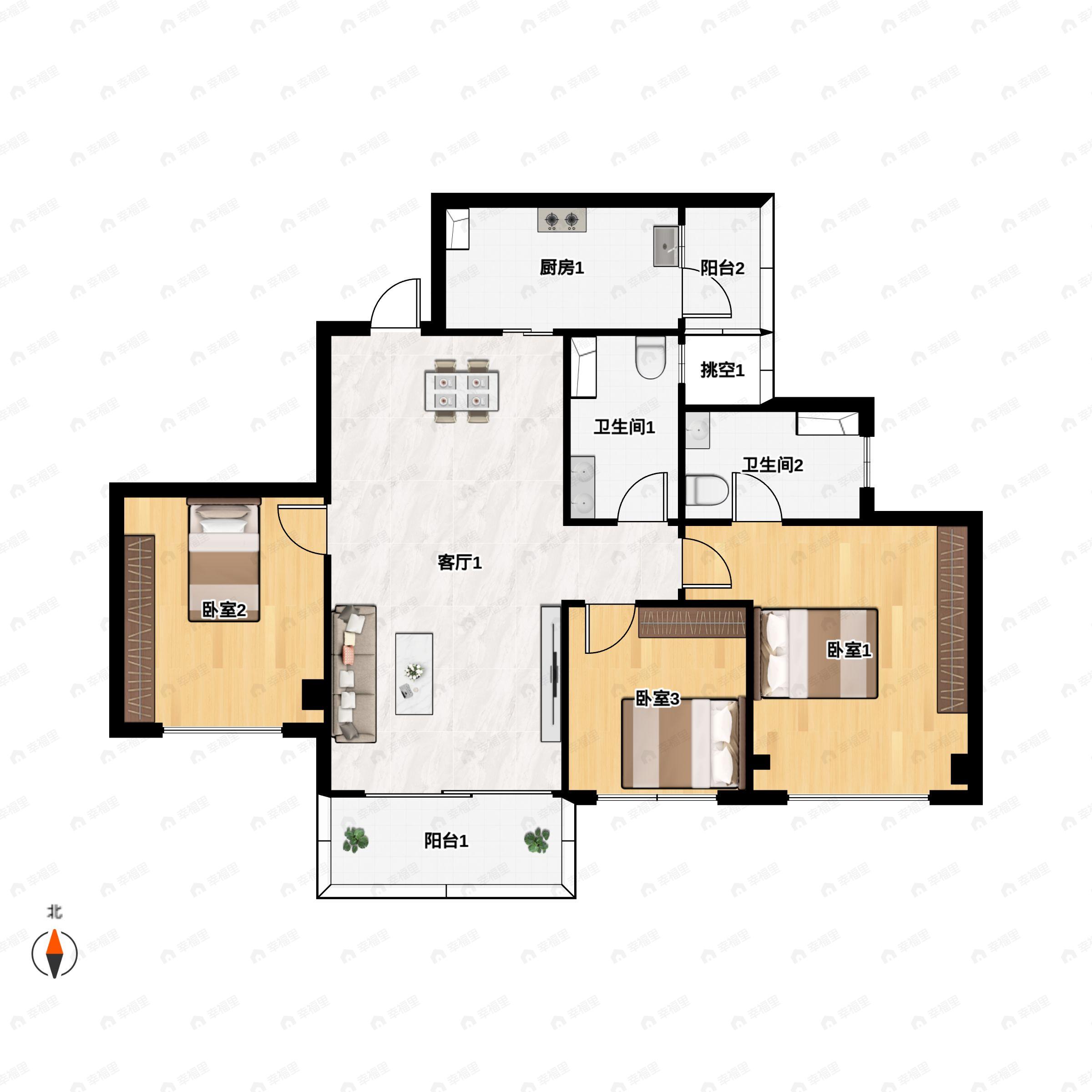 3室2厅2卫建面98平户型图