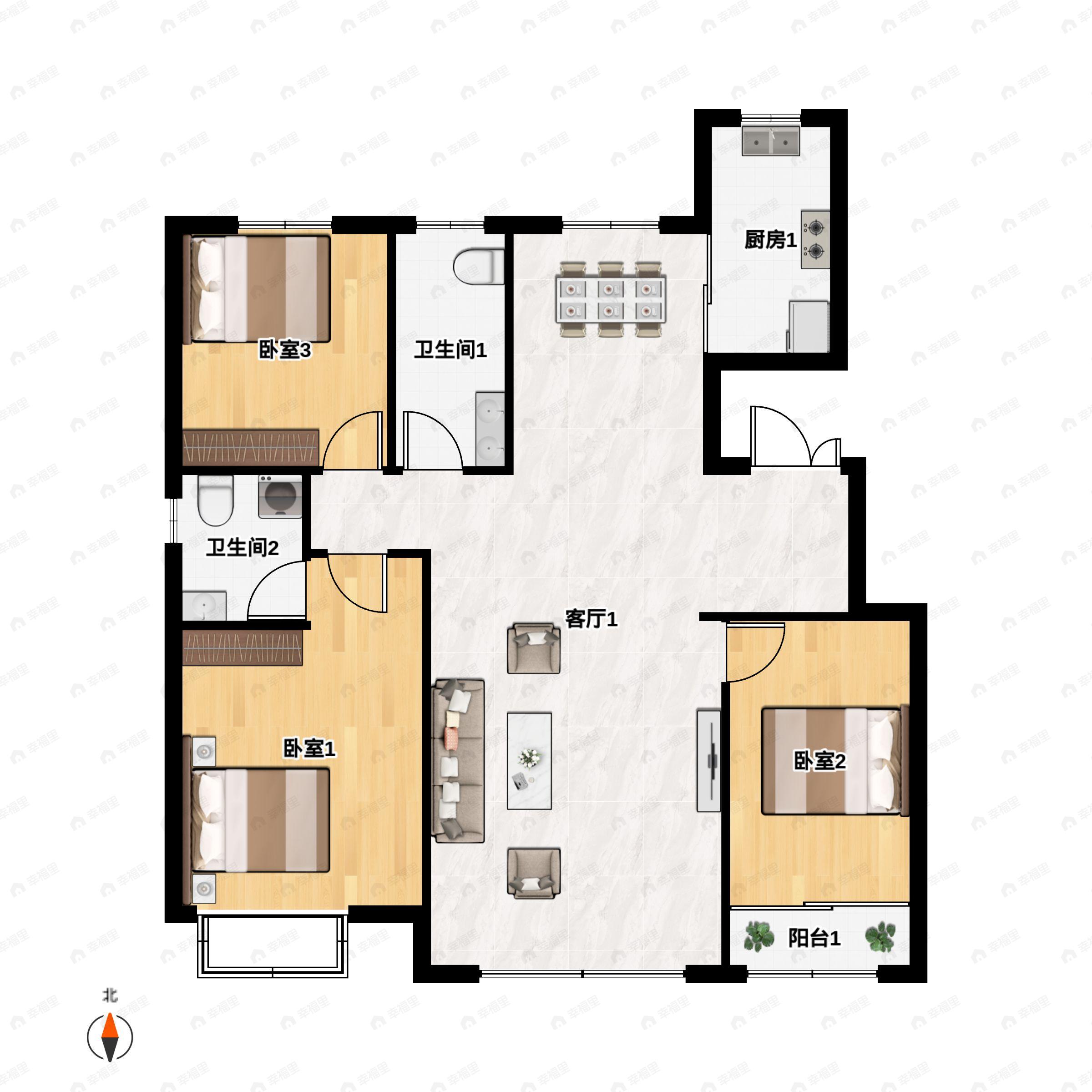 3室2厅2卫建面138平南|北户型图