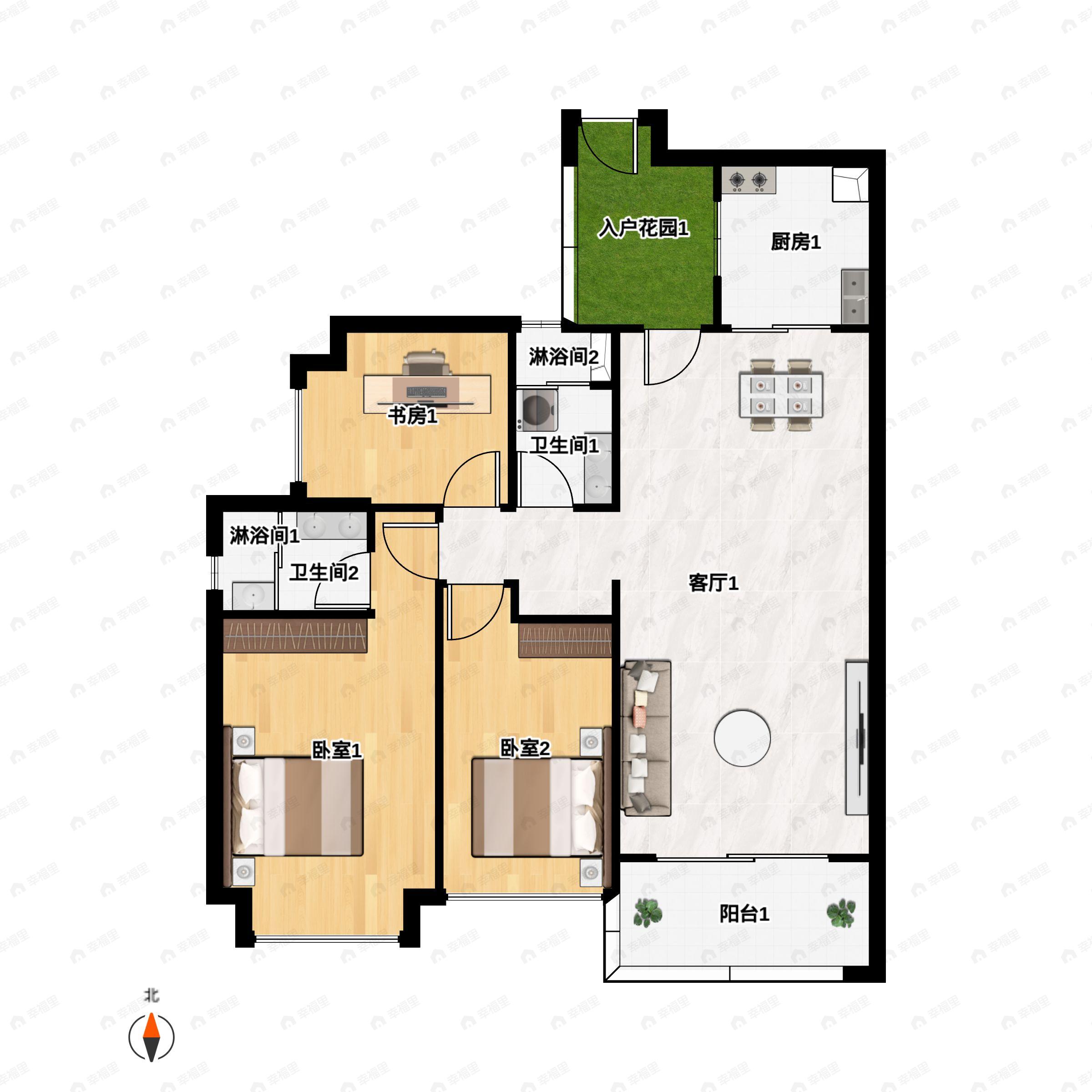 3室2厅2卫建面118平南户型图